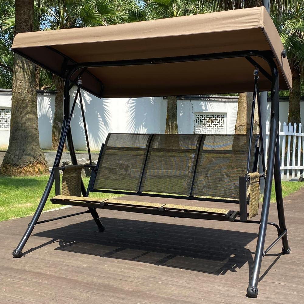 SUGIFT 3-Person Luxury Outdoor Porch Swing Chair With Side Bags and Adjustable Tilt Canopy in Brown