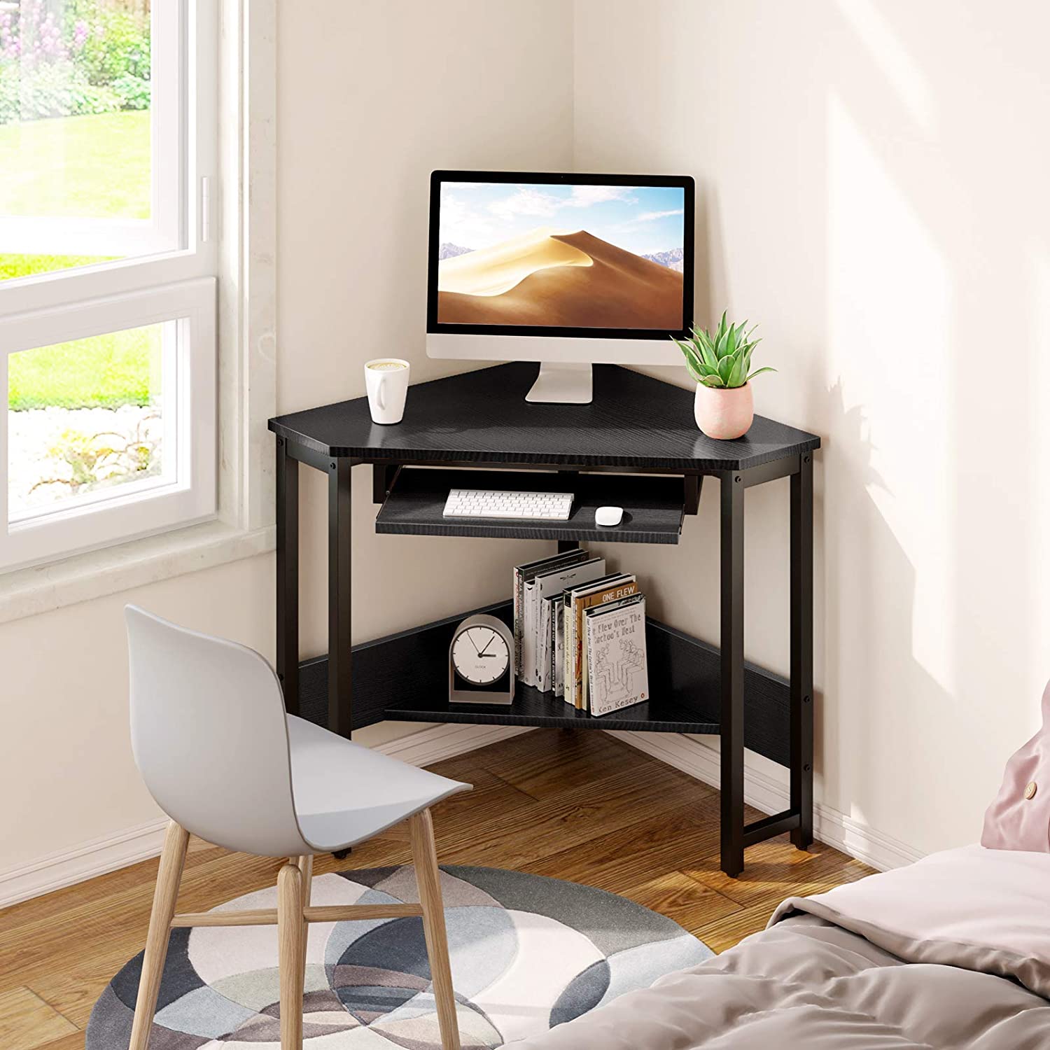 SUGIFT Triangle Computer Desk,Corner Computer Desk Laptop Writing Table Wood Workstation Home Office Furniture,Smooth Keyboard Tray& Storage Shelves,hps,28.34inL 24inW 30.11inH,Black