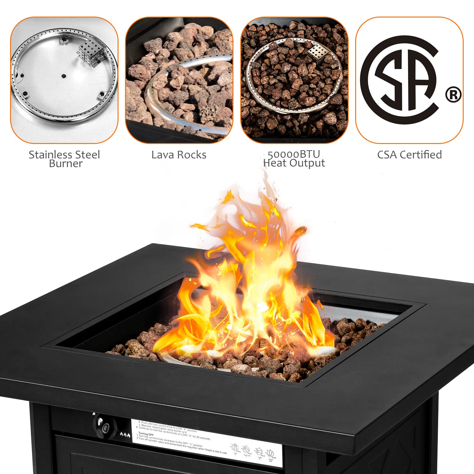 50000 BTU 28 in. x 25.5 in. Metal Square Outdoor Propane Gas Fire Pit Table with Lava Rock