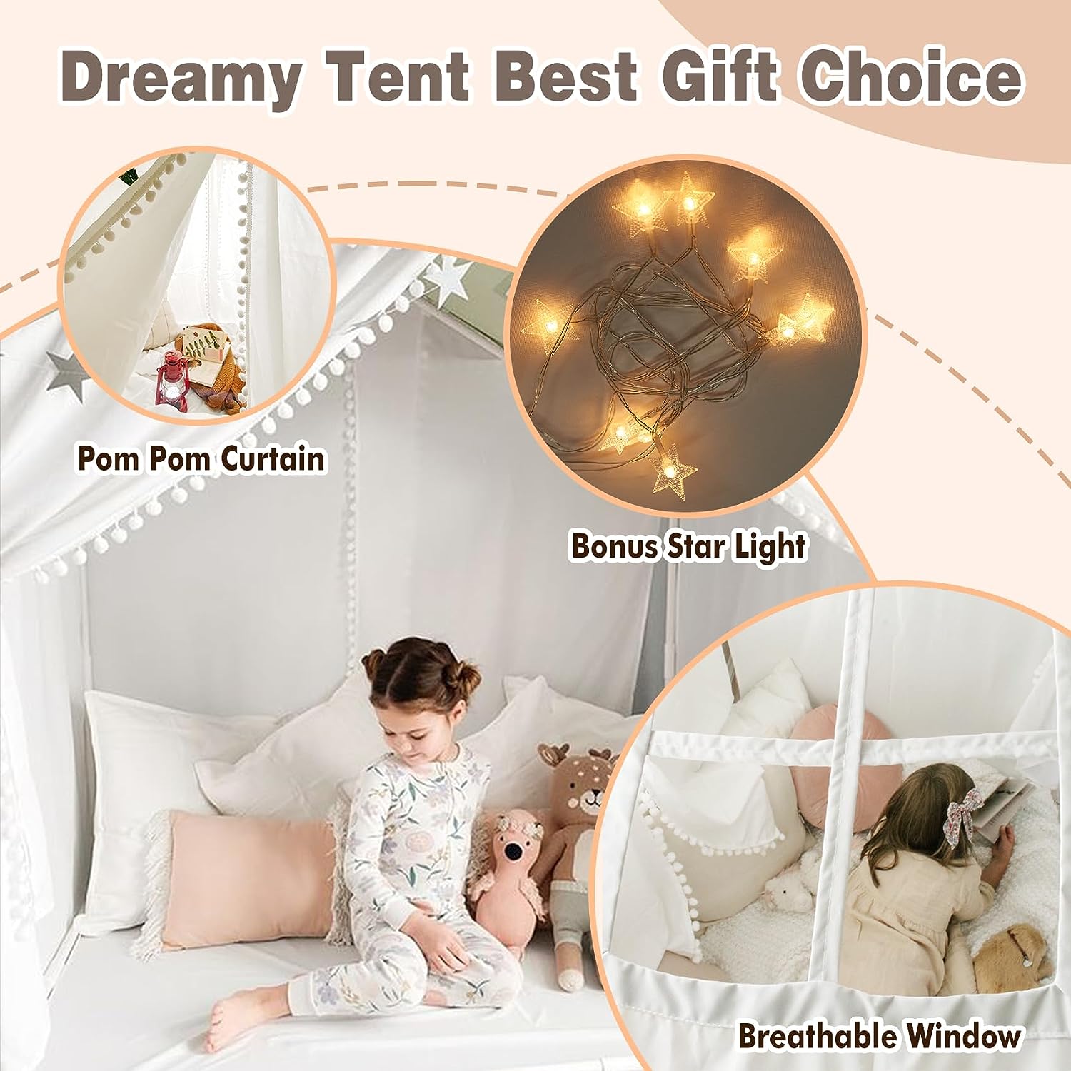 Large Kids Tent with Pompom, Kids Playhouse Indoor Outdoor with Mat and Star Lights, Play Tent for Kids Girls Boys, Toddler Tent Boho Tent Machine Washable