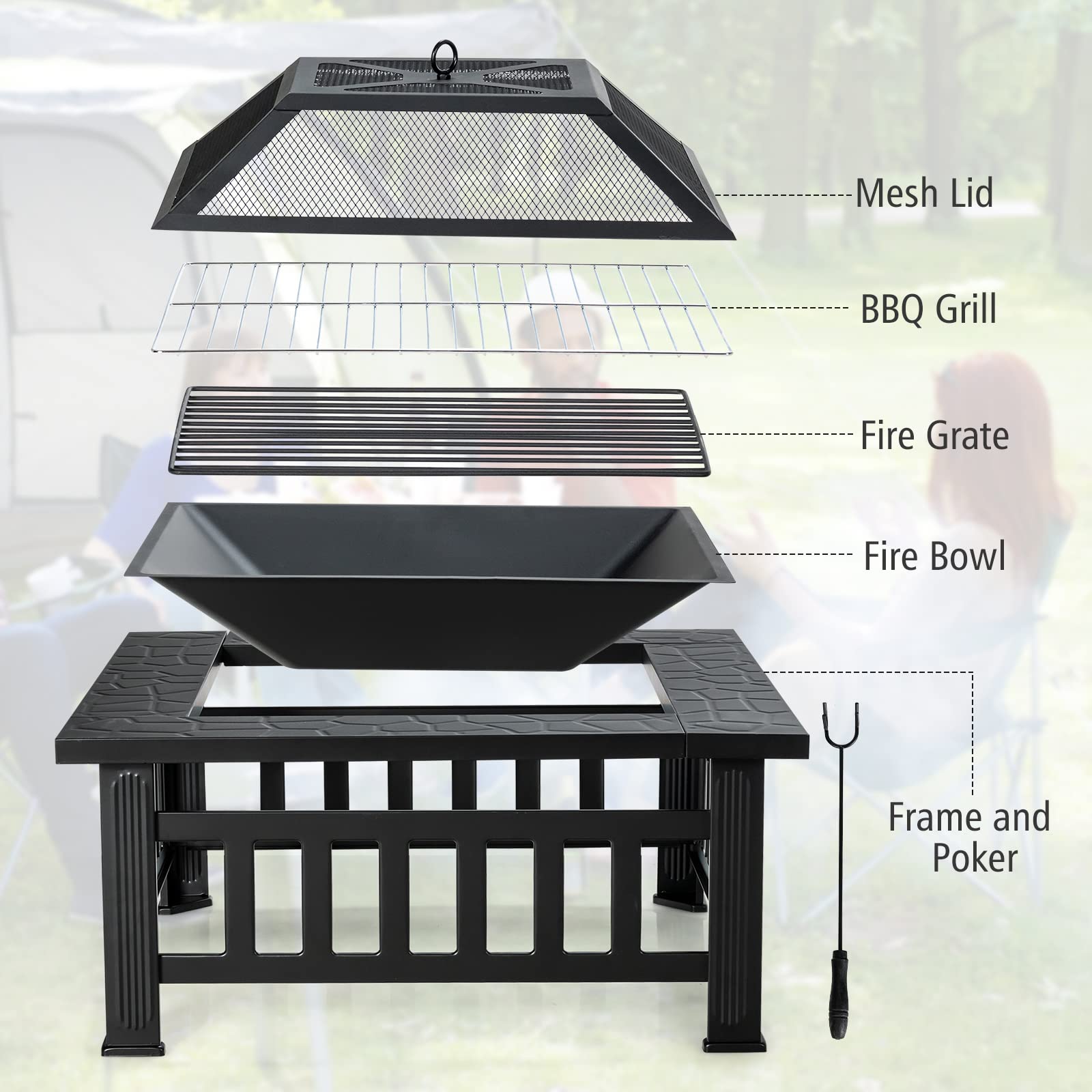 32 in. W x 19.5 in. H Square Metal Outdoor Patio Wood Burning Fire Pit in Black with Poker and Water Resistant Cover