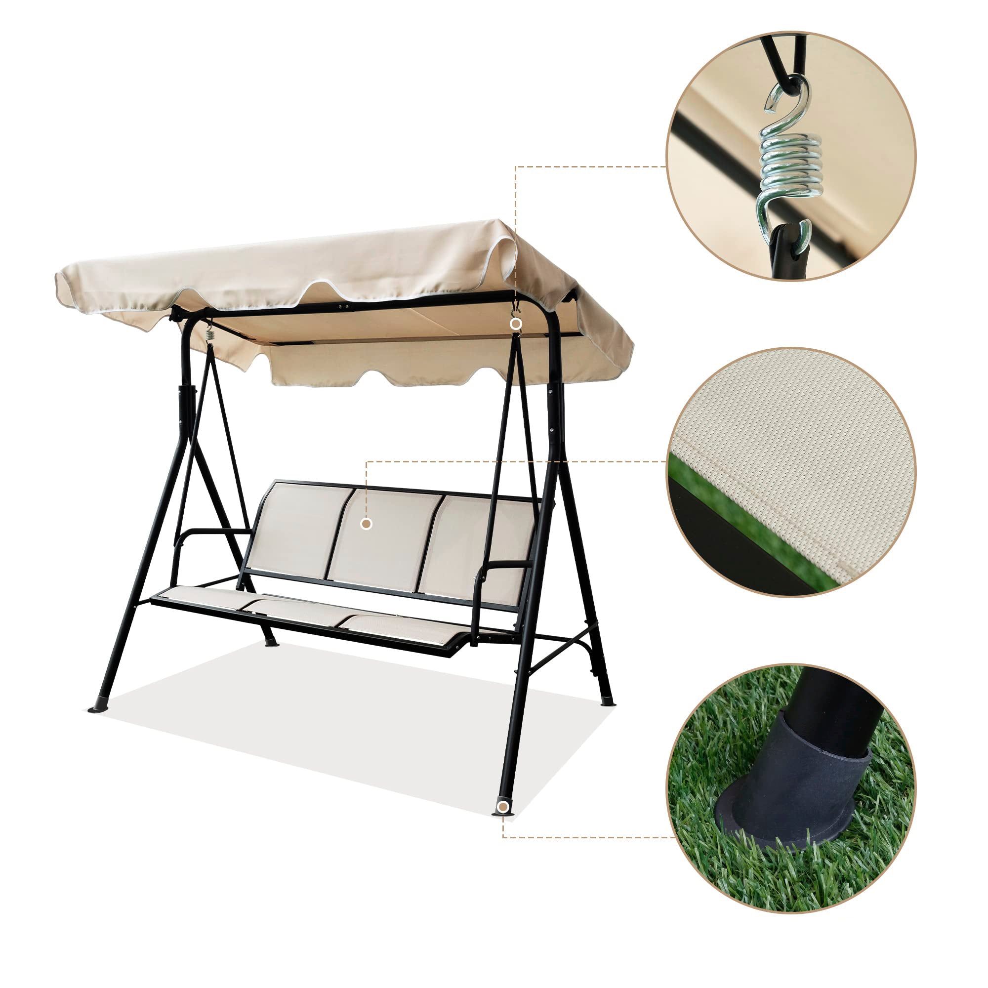 SUGIFT 3-Person Outdoor Porch Swing Chair with Adjustable Canopy in Beige