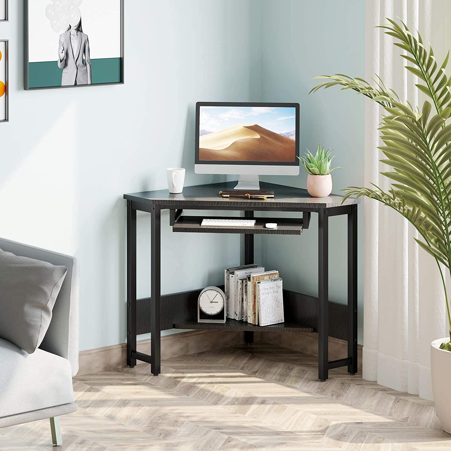 SUGIFT Triangle Computer Desk,Corner Computer Desk Laptop Writing Table Wood Workstation Home Office Furniture,Smooth Keyboard Tray& Storage Shelves,hps,28.34inL 24inW 30.11inH,Black