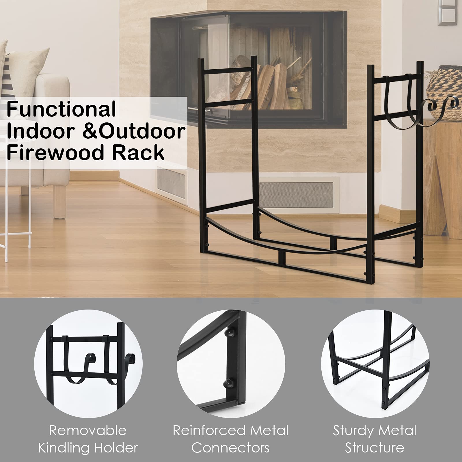 33 in. Black Steel Outdoor Log Hoop Firewood Rack with Removable Kindling Holder