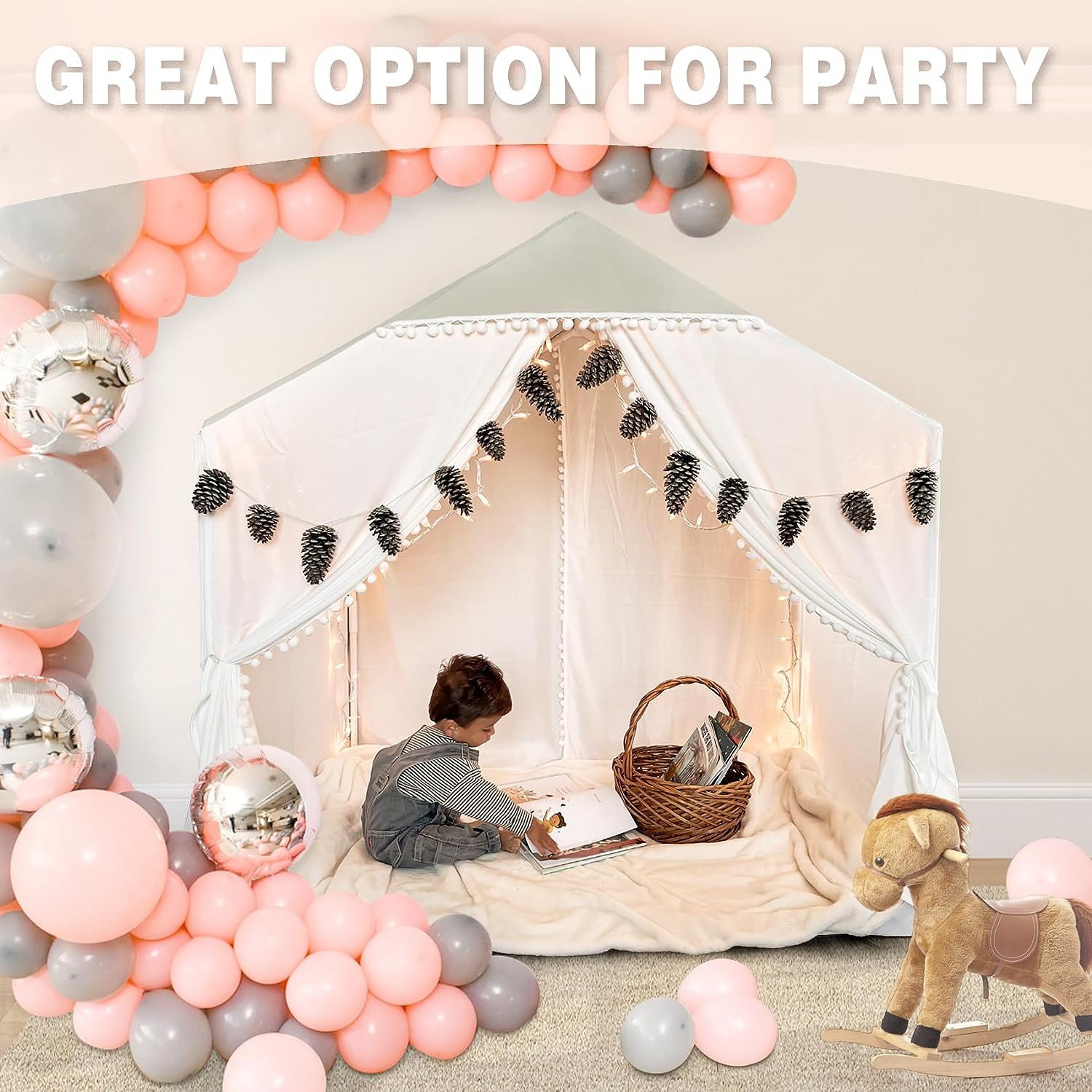 Large Kids Tent with Pompom, Kids Playhouse Indoor Outdoor with Mat and Star Lights, Play Tent for Kids Girls Boys, Toddler Tent Boho Tent Machine Washable