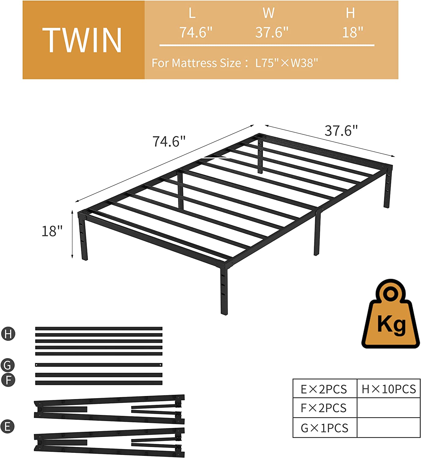 SUGIFT Twin Bed Frame, 14 Inch Metal Platform Bed Frame