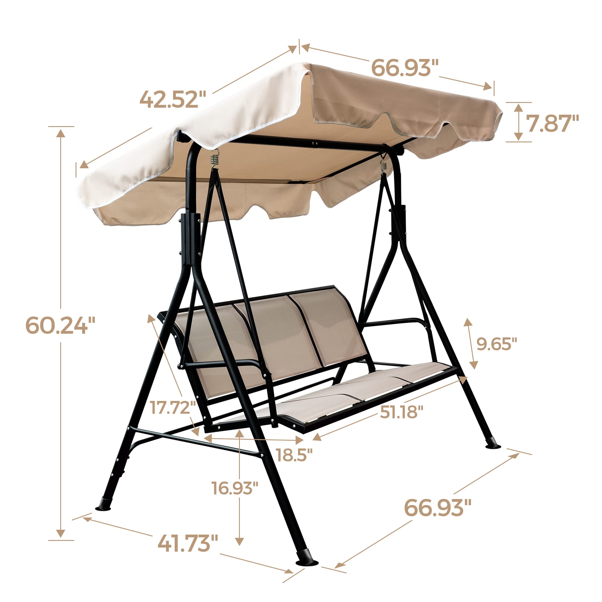 SUGIFT 3-Person Outdoor Porch Swing Chair with Adjustable Canopy in Beige