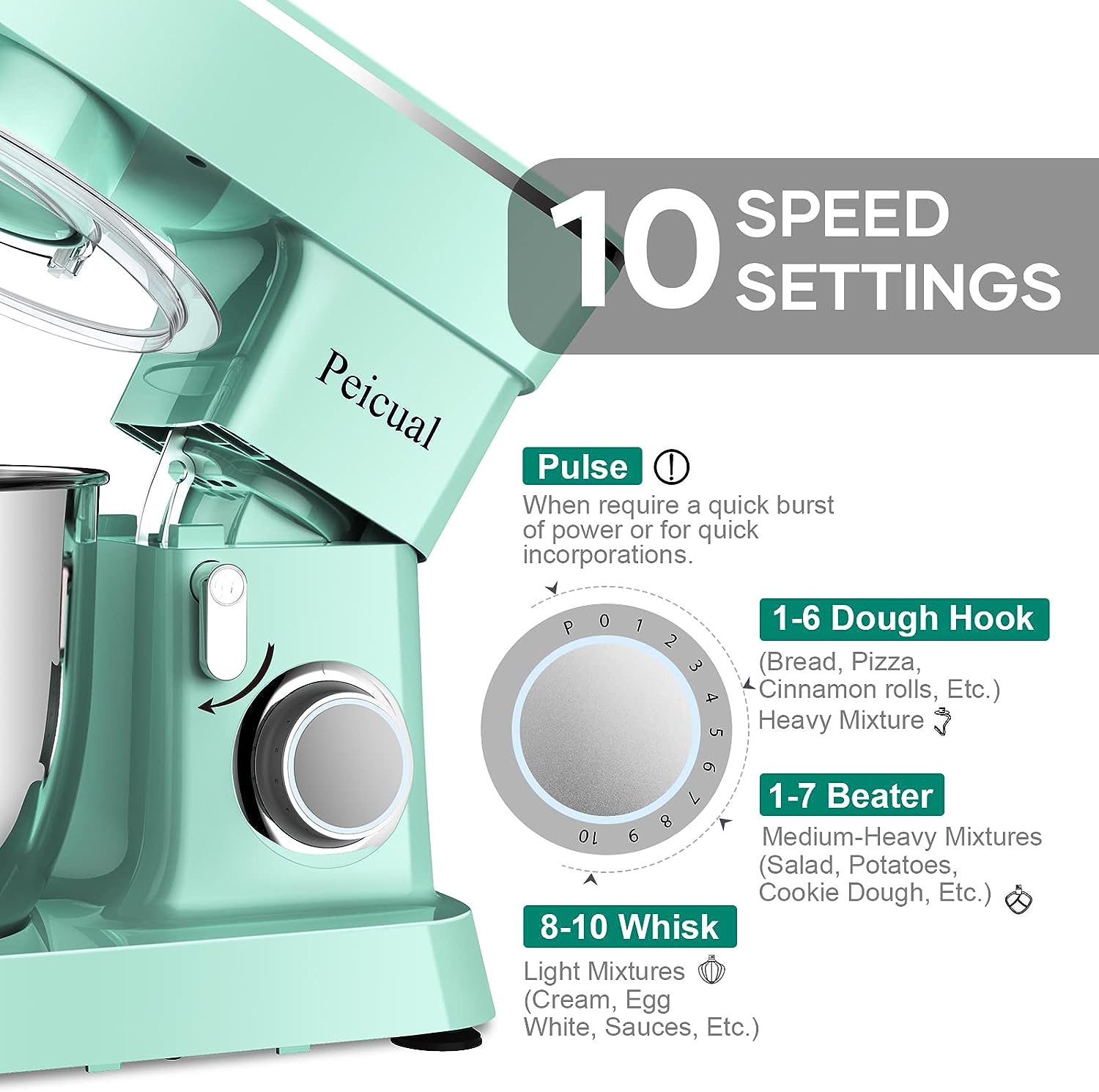 Stand Mixer for Peicual 380W 10+P Speed High-Performance Tilt-Head Electric Kitchen Mixer