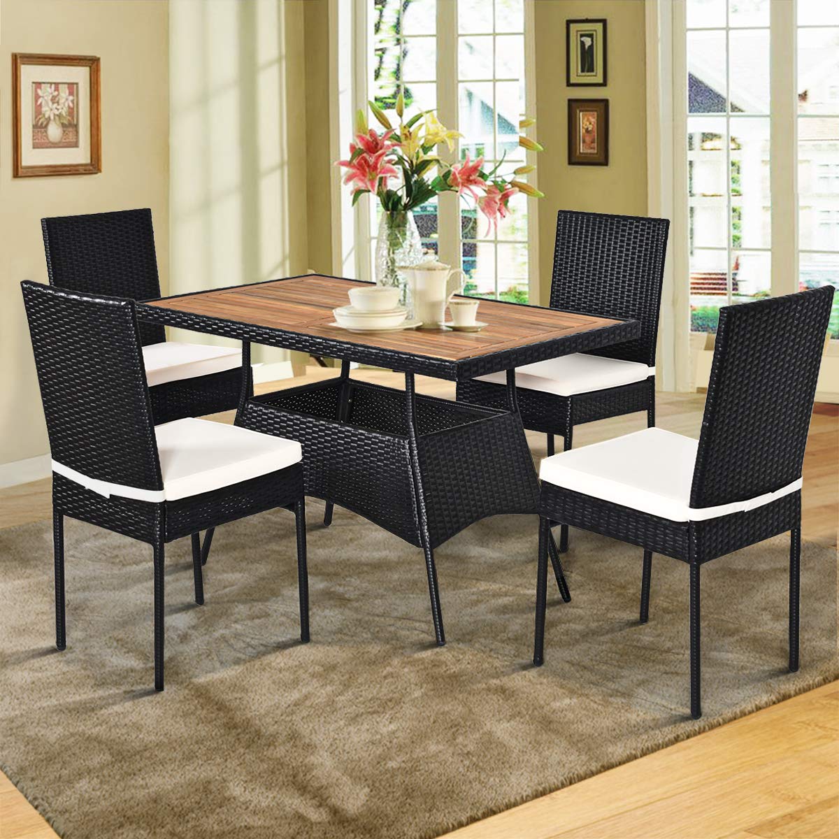 Black 5-Piece Wicker Rectangle Outdoor Dining Set with White Cushion and Arm Chair