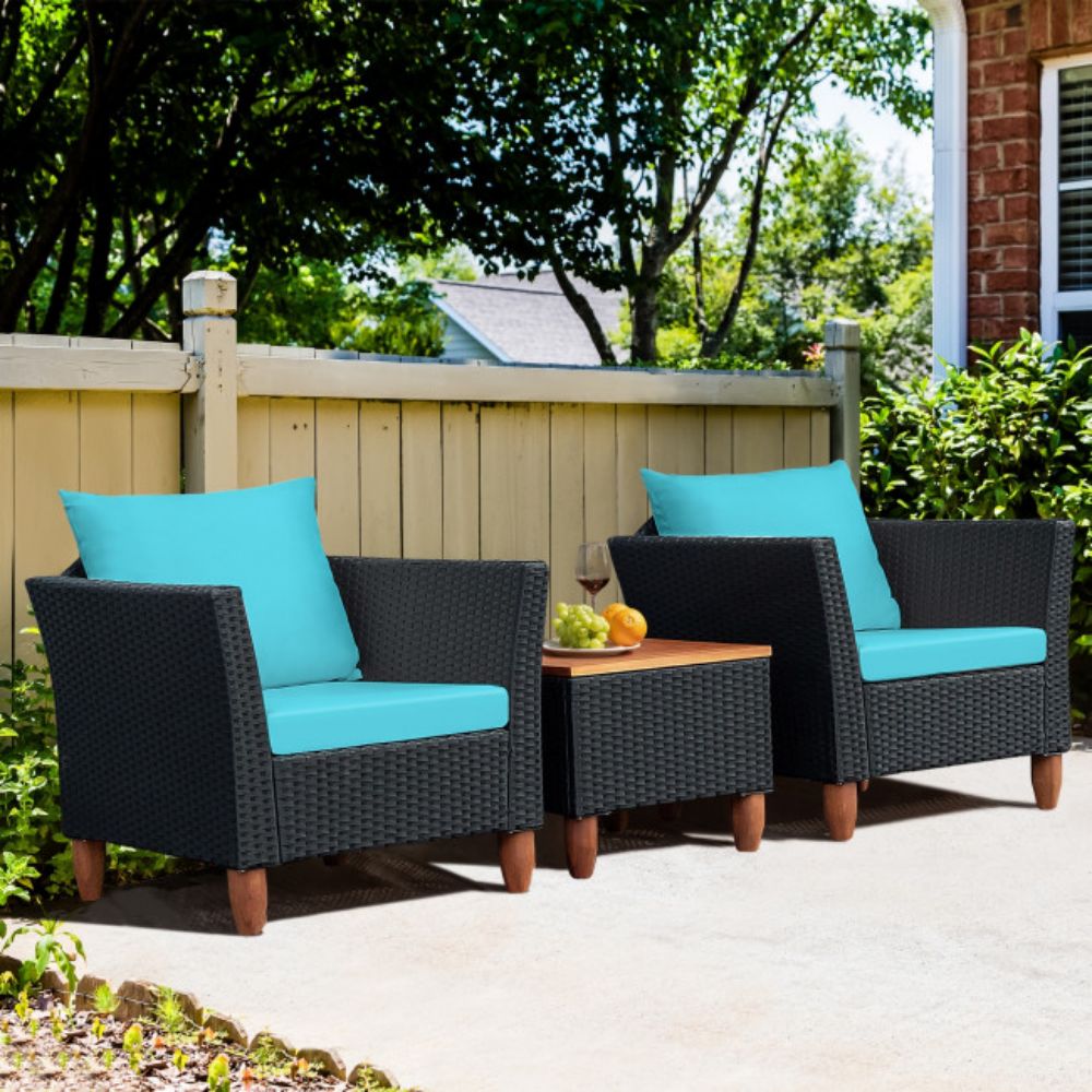 3-Pieces Rattan Outdoor Patio Conversation Set with Turquoise Cushions