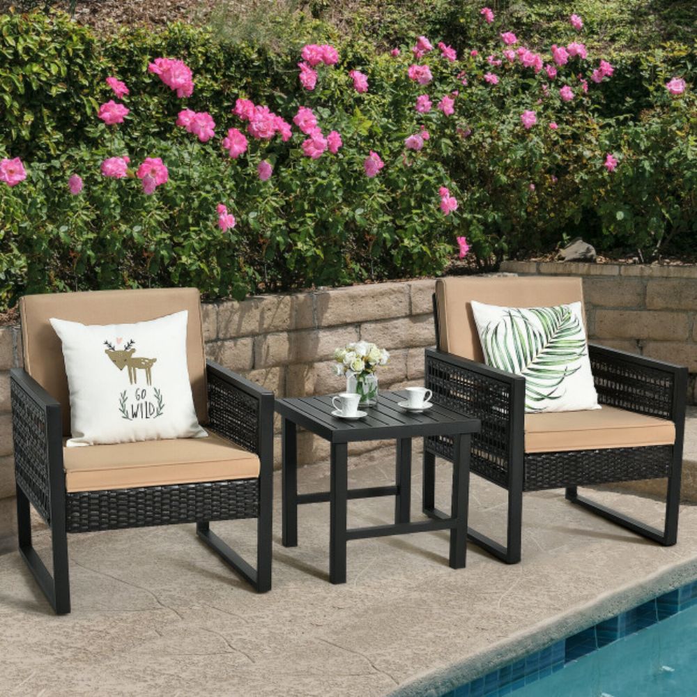 3-Pieces Outdoor Rattan steel Frame Patio Conversation Furniture Set with Brown Cushion