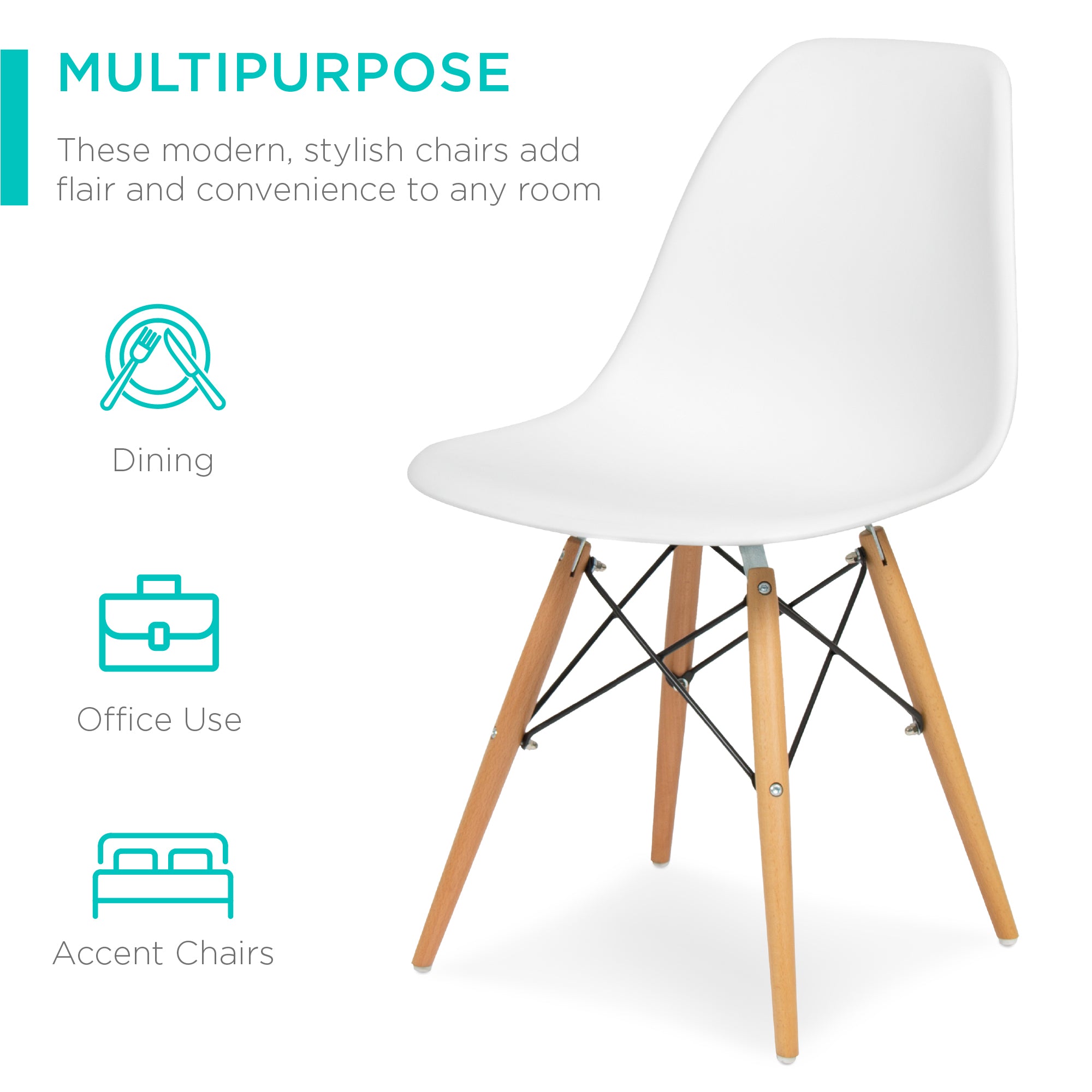 Set of 4 Mid Century Modern Dining Chairs w/ Wood Legs, Molded Plastic Shell - White