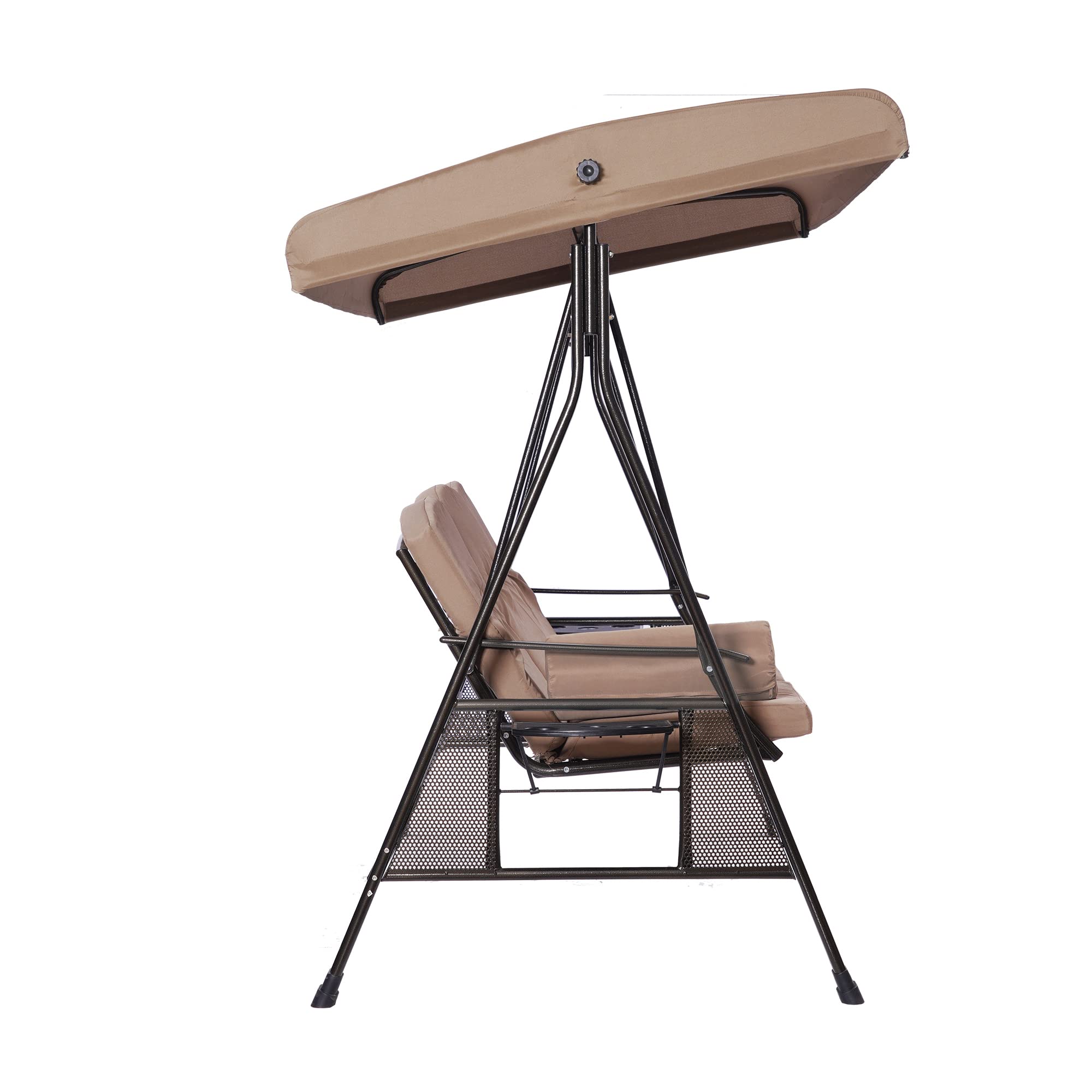 SUGIFT 3-Person Luxury Outdoor Porch Swing Chair with Cup Holders, Cushions, Pillows and Adjustable Canopy in Brown