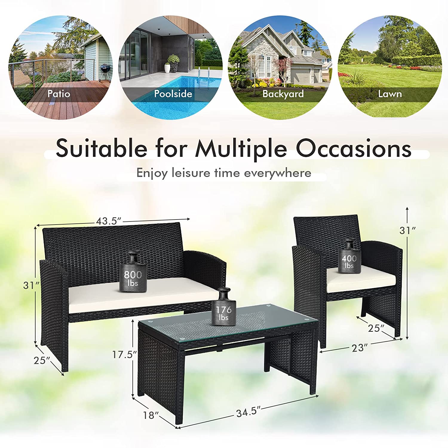 4-Piece Outdoor Wicker Conversation Furniture Set with White Cushion and Tempered Glass Table