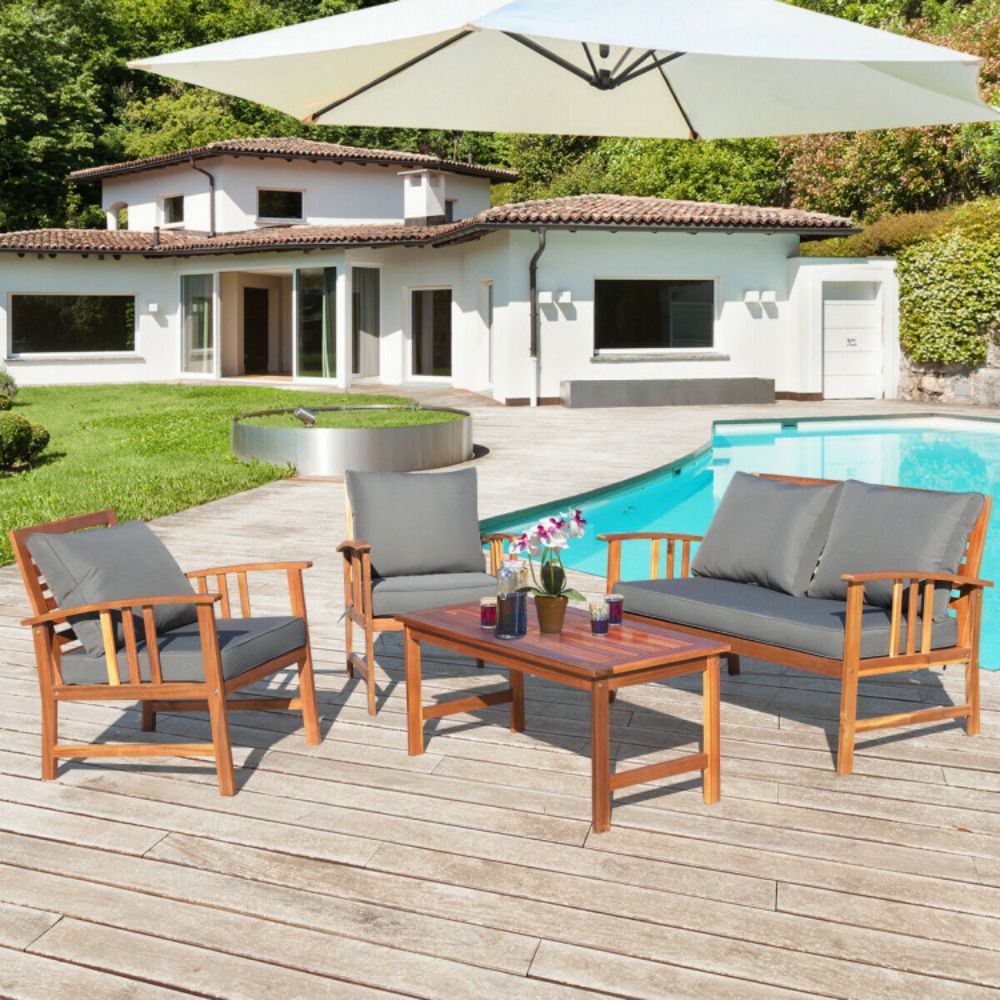 4-Piece Acacia Wood Outdoor Patio Conversation Set with Gray Cushions