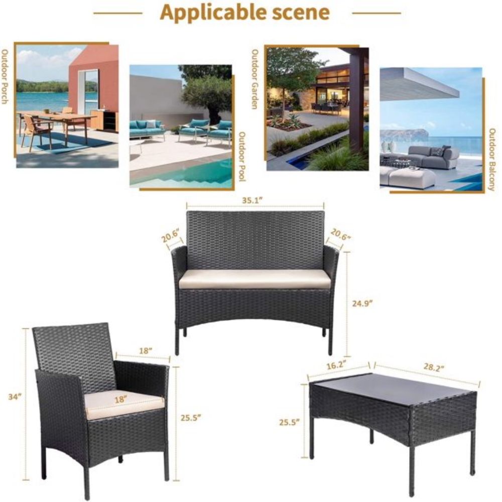 4-Piece Rattan Outdoor Conversation Seating Set with Beige Cushion and Patio Tempered Glass Table