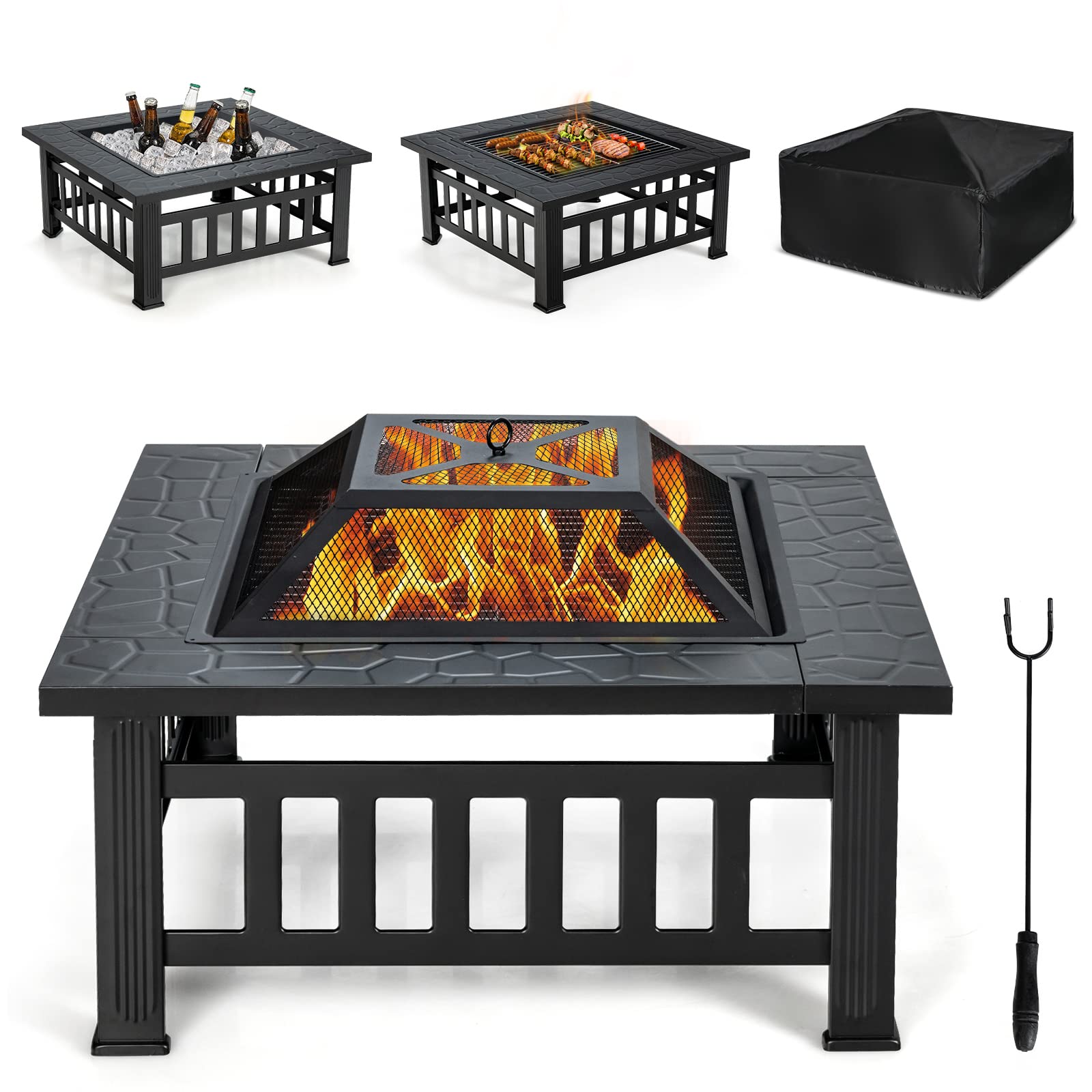 32 in. W x 19.5 in. H Square Metal Outdoor Patio Wood Burning Fire Pit in Black with Poker and Water Resistant Cover