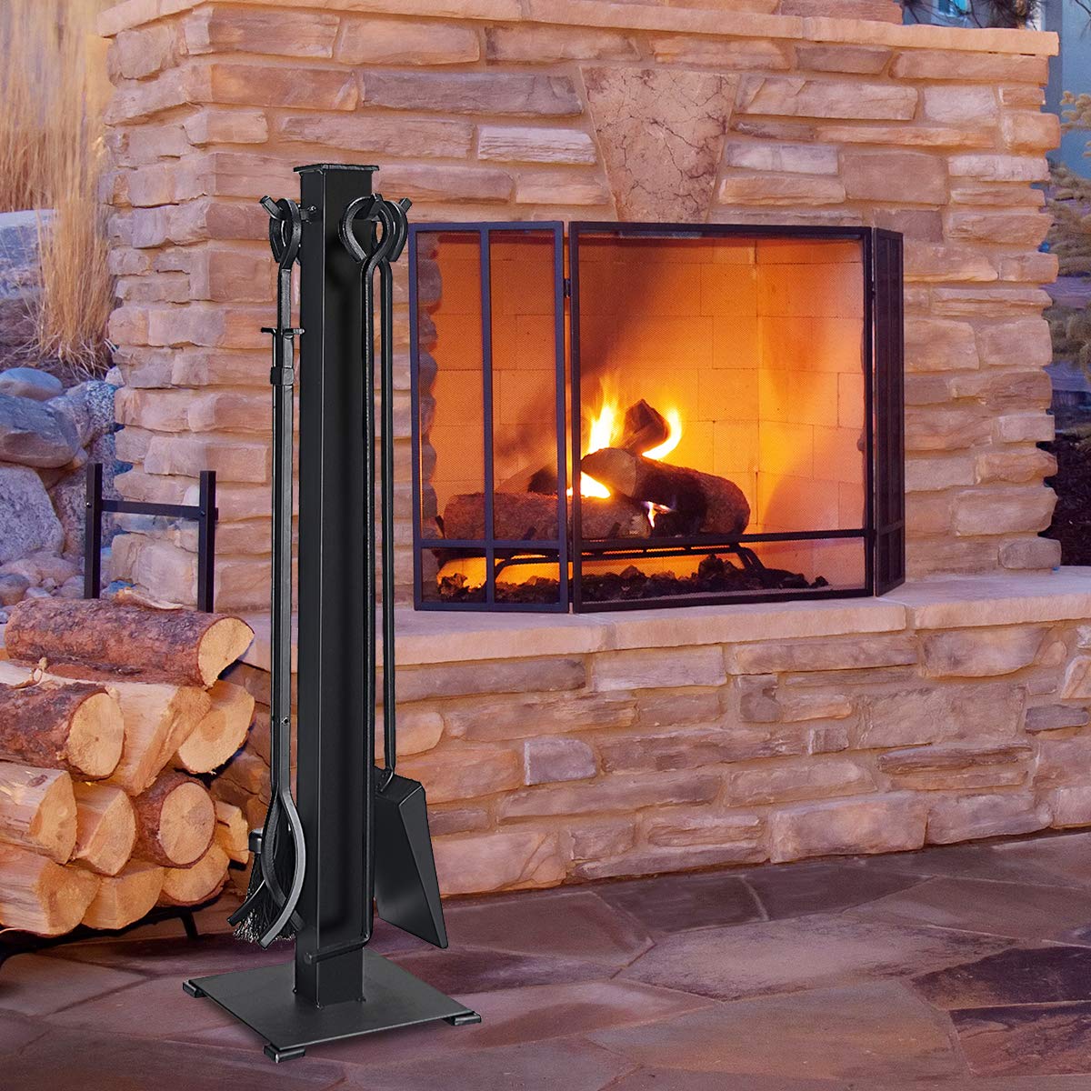 Black 5-Piece Fireplace Tool Set with Classic Annulus Handles