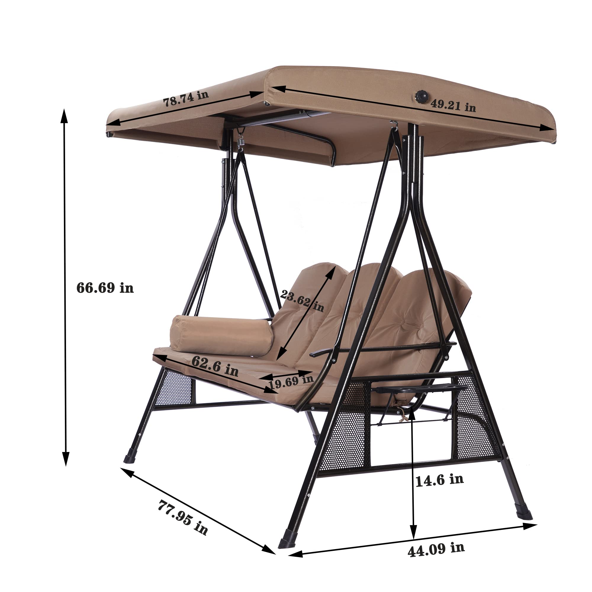SUGIFT 3-Person Luxury Outdoor Porch Swing Chair with Cup Holders, Cushions, Pillows and Adjustable Canopy in Brown