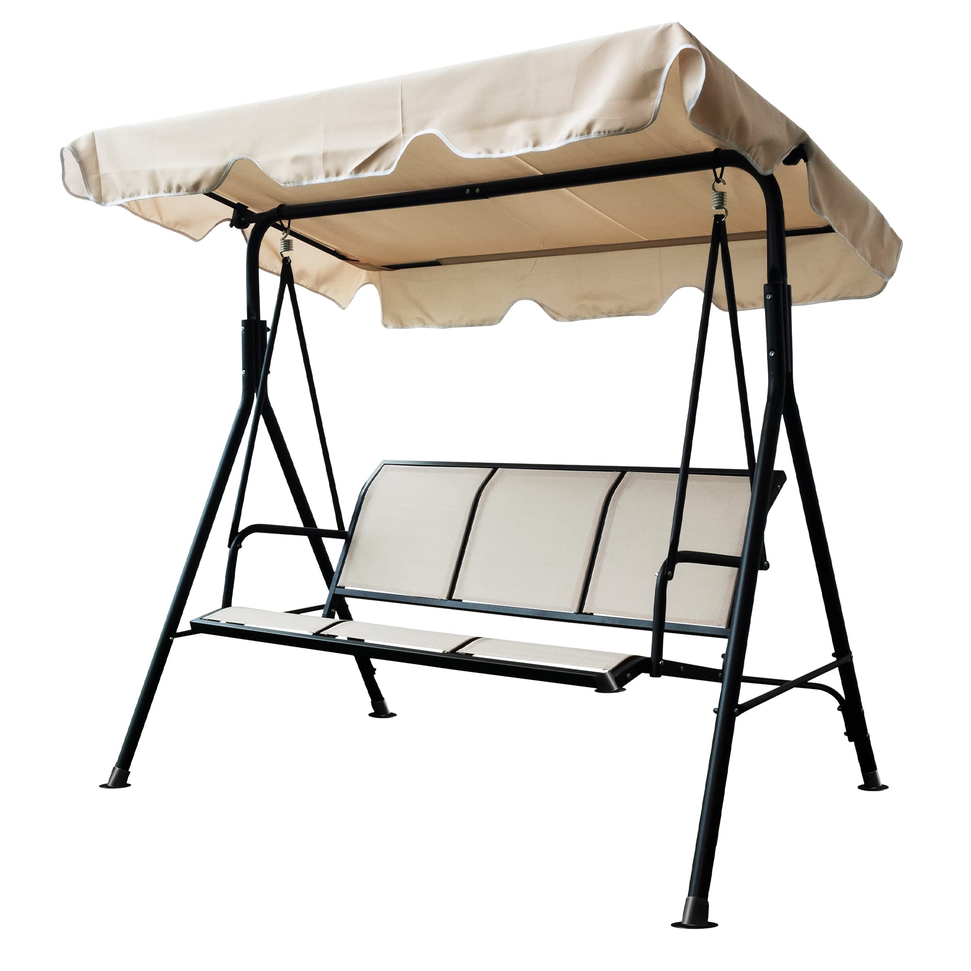 SUGIFT 3-Person Outdoor Porch Swing Chair with Adjustable Canopy in Beige
