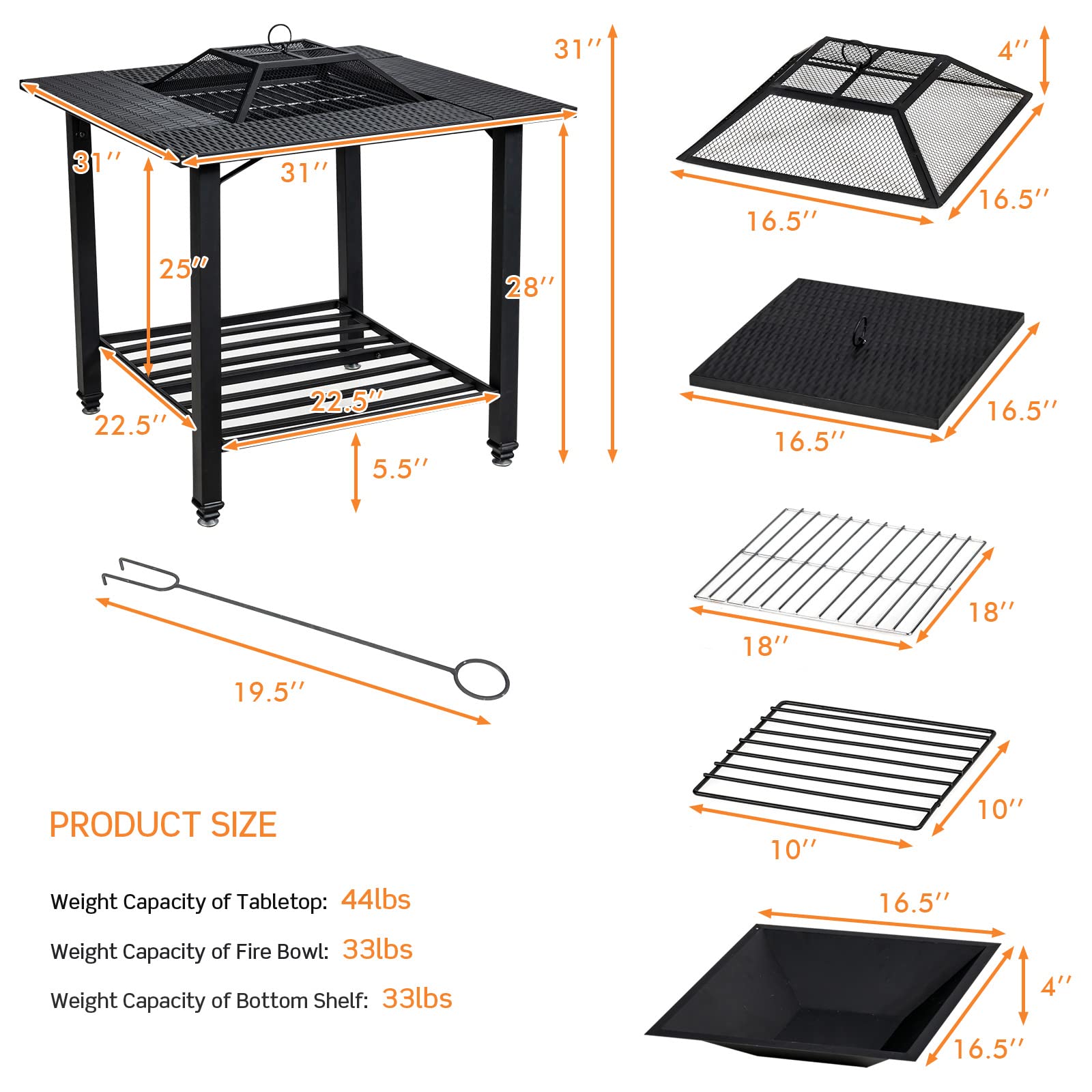 31 in. Metal Square Outdoor Fire Pit in Black with Cooking BBQ Grate