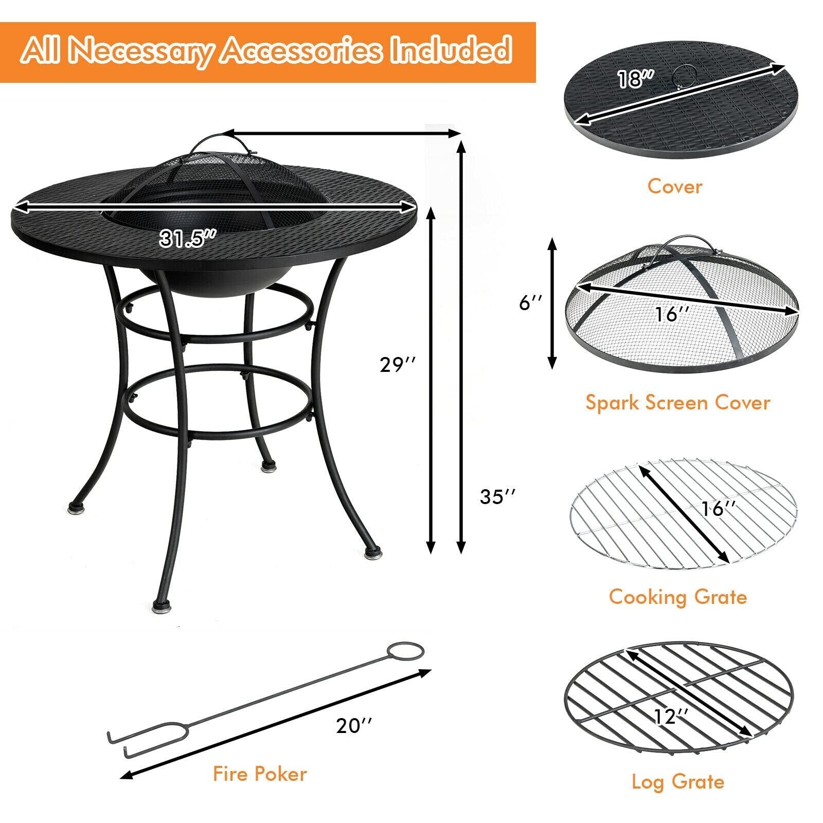 31.5 in. Metal Outdoor Fire Pit with Grill and Poker