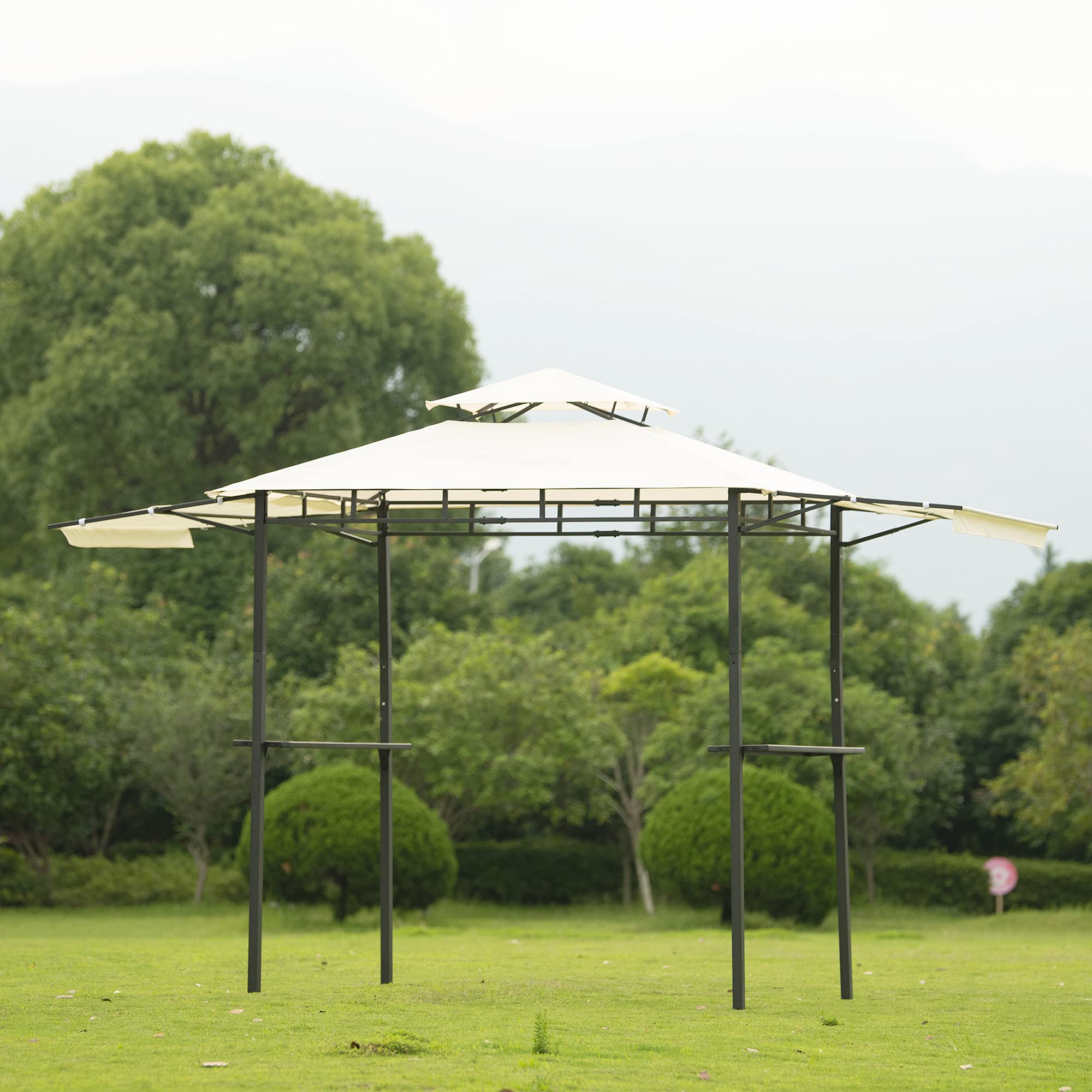 SUGIFT 12 ft. x 4.3 ft. Iron Double Tiered Backyard Patio BBQ Grill Gazebo with Bar Counters
