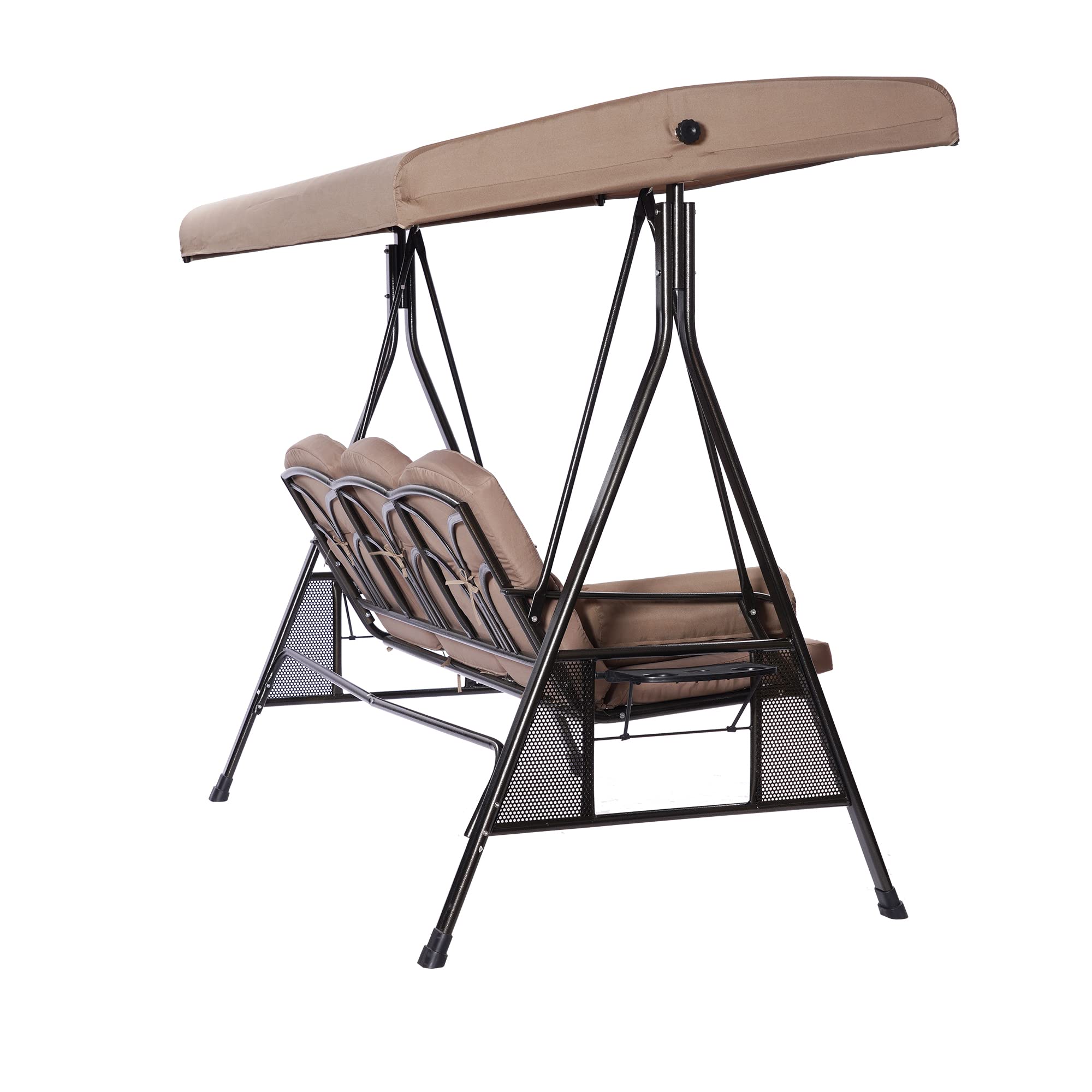 SUGIFT 3-Person Luxury Outdoor Porch Swing Chair with Cup Holders, Cushions, Pillows and Adjustable Canopy in Brown