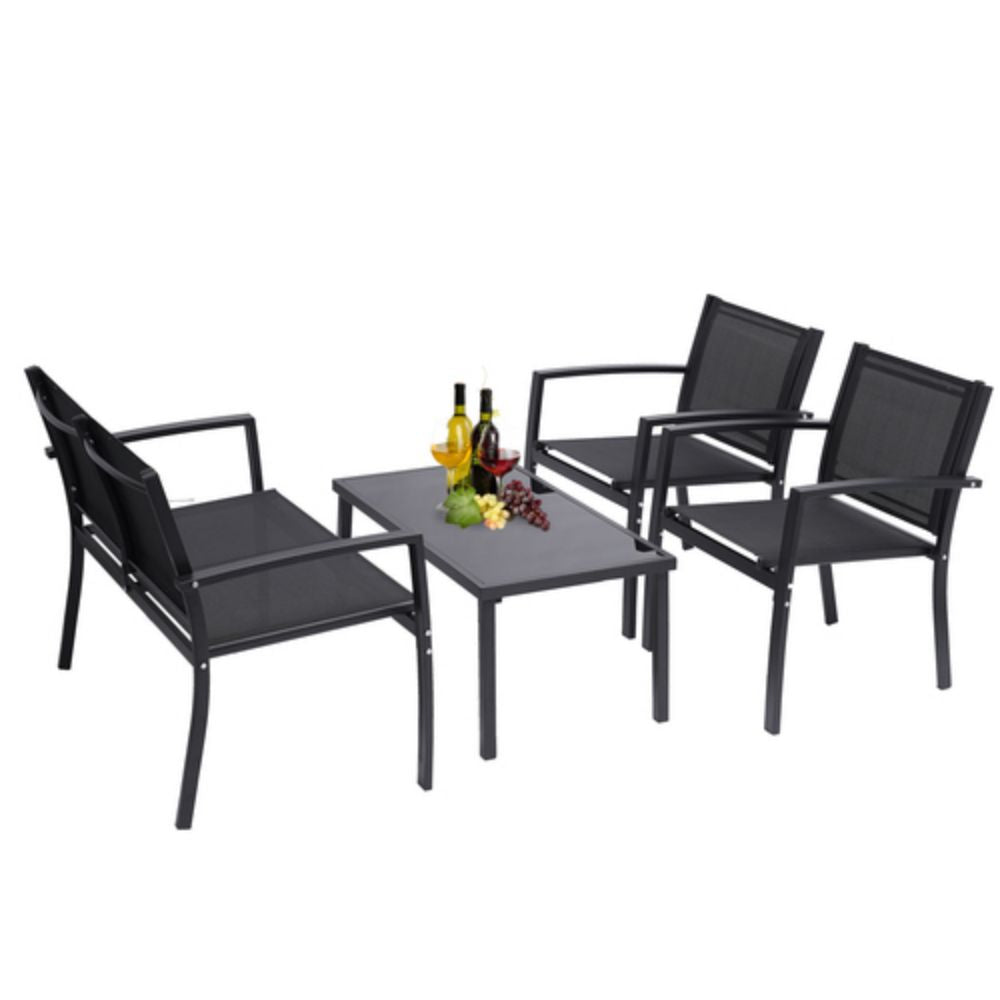 Black 4-Piece Metal Furniture Patio Conversation Set with Glass Top Coffee Table