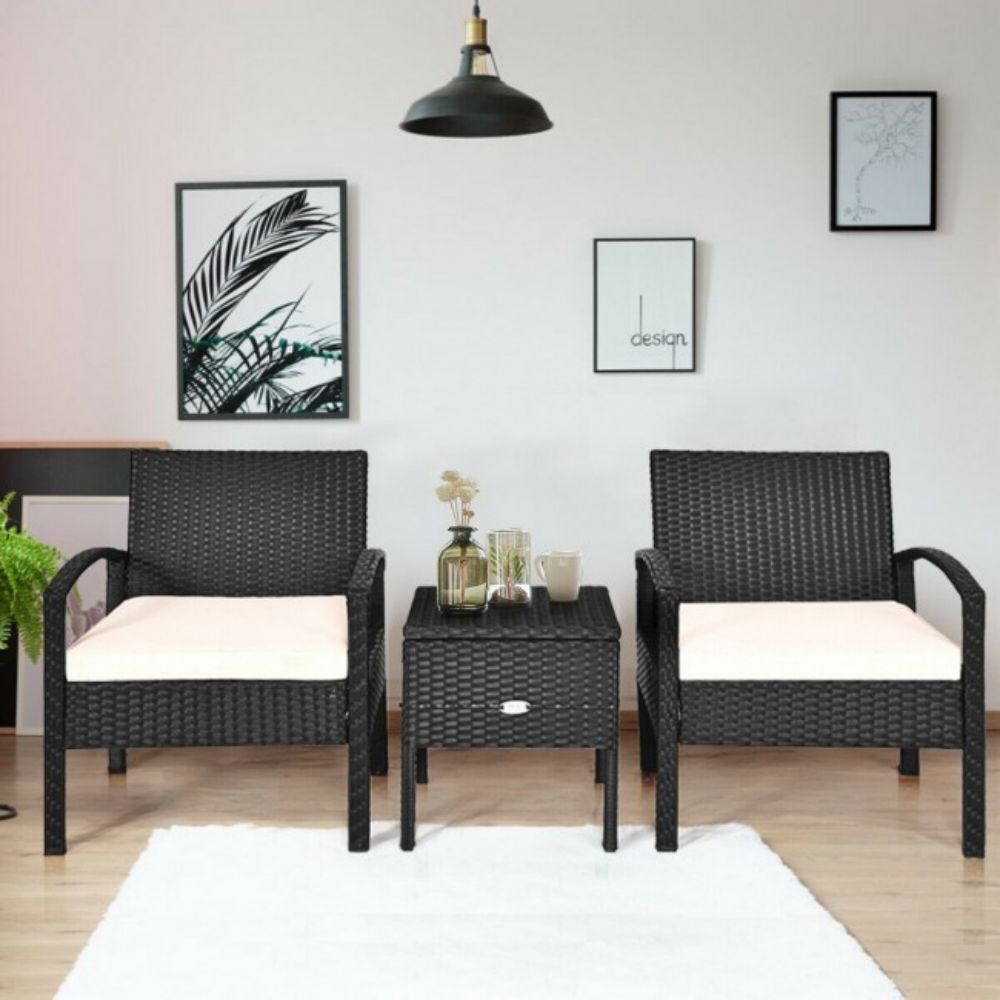 3-Piece Wicker Patio Conversation Set with White Cushions