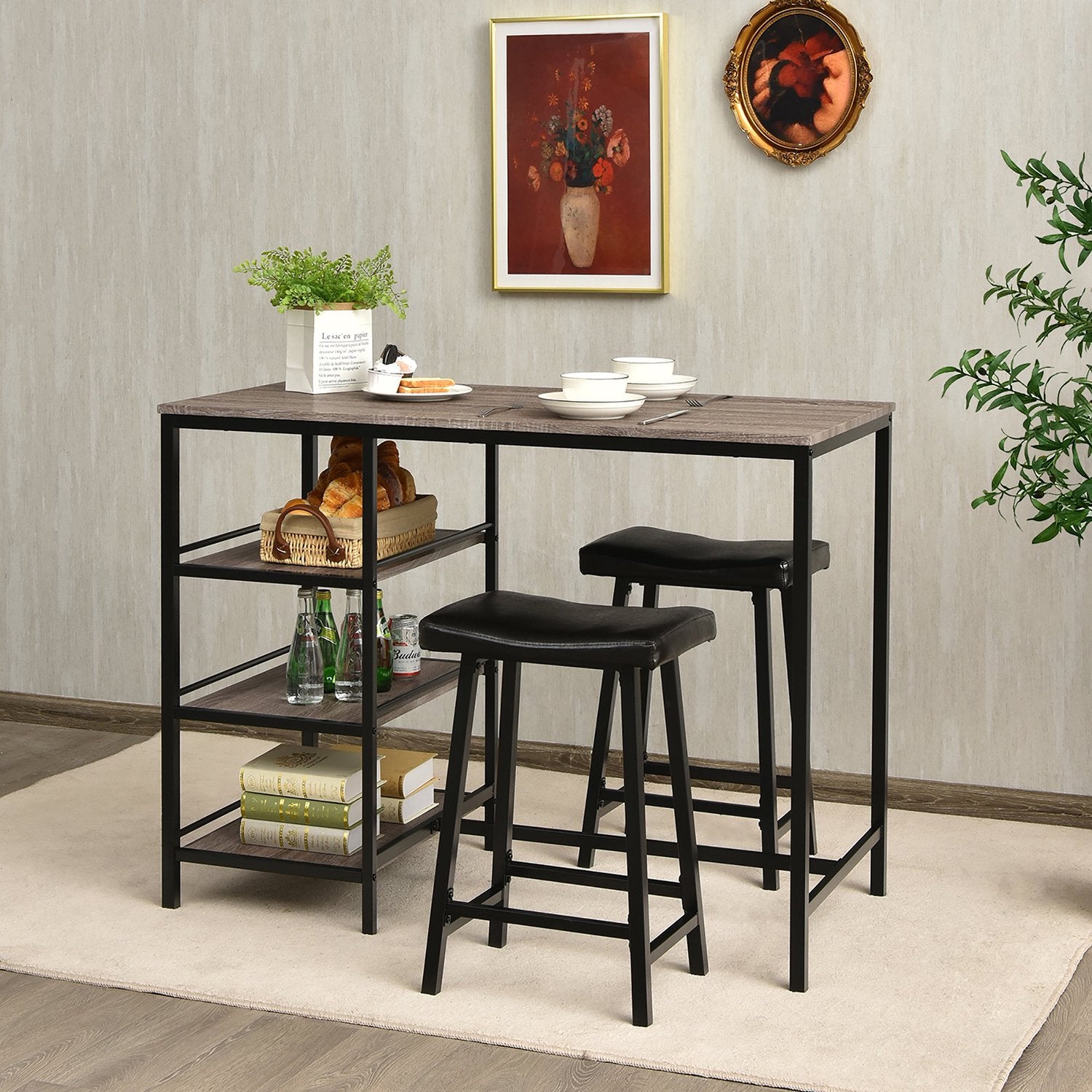 SUGIFT 3 Piece Counter Height Dining Bar Table Set w/2 Stools and 3 Storage Shelves Grey Black
