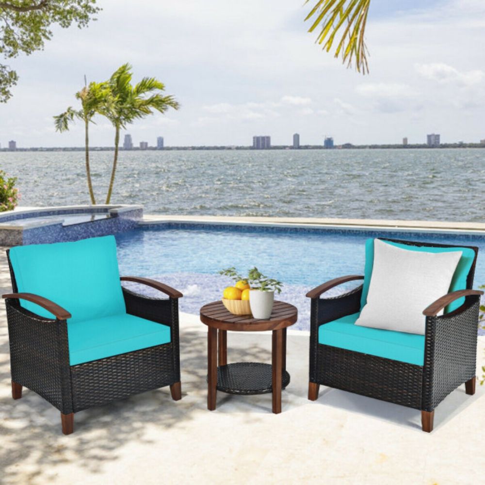 3-Pieces Outdoor Wicker Wooden Frame Patio Conversation Furniture Set with Turquoise Cushion
