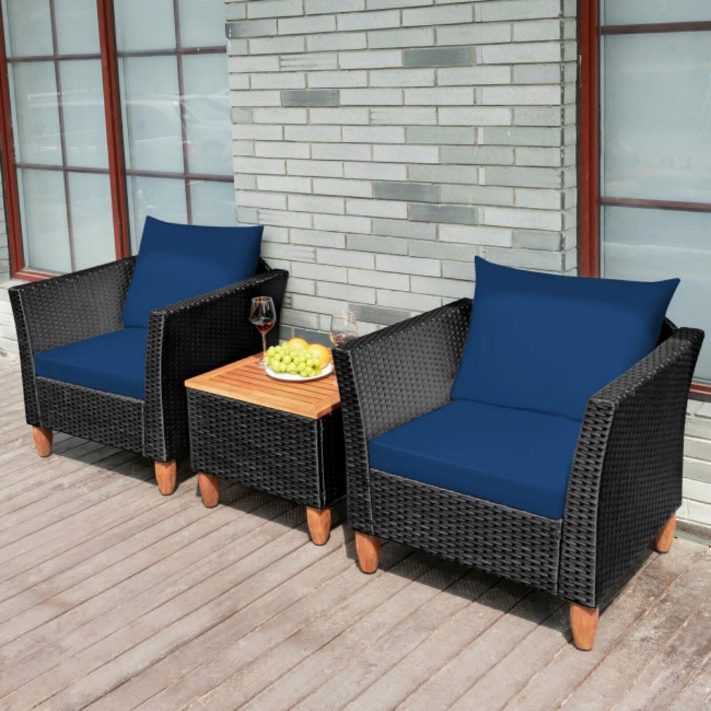 3-Pieces Rattan Outdoor Patio Conversation Set with Navy Cushions