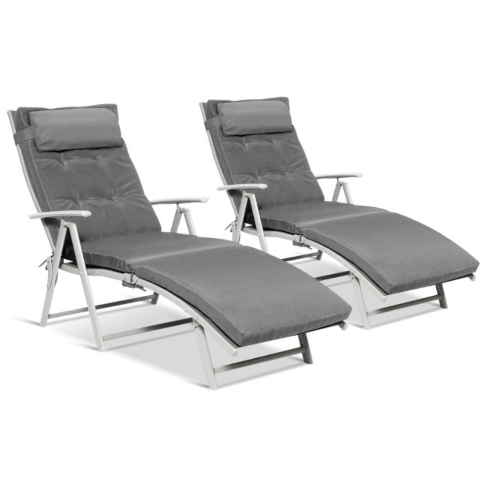 Metal Outdoor Folding Chaise Lounge with Gray Cushions