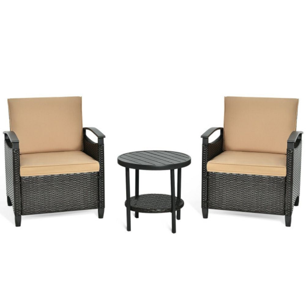 3-Pieces Outdoor Rattan steel Frame Patio Conversation Furniture Set with Brown Cushion