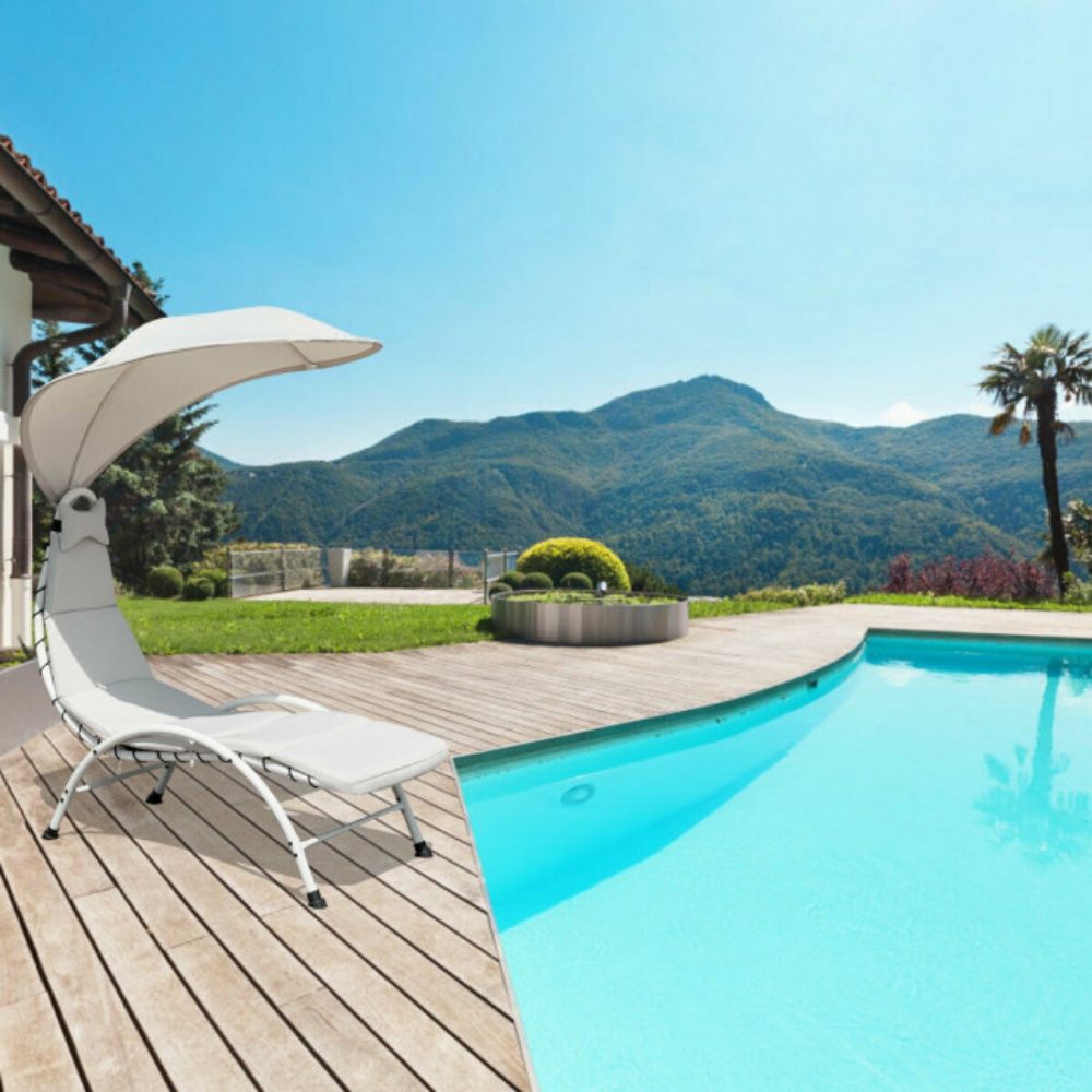Metal Outdoor Canopy Chaise Lounge Chair with Beige Canopy and Cushion