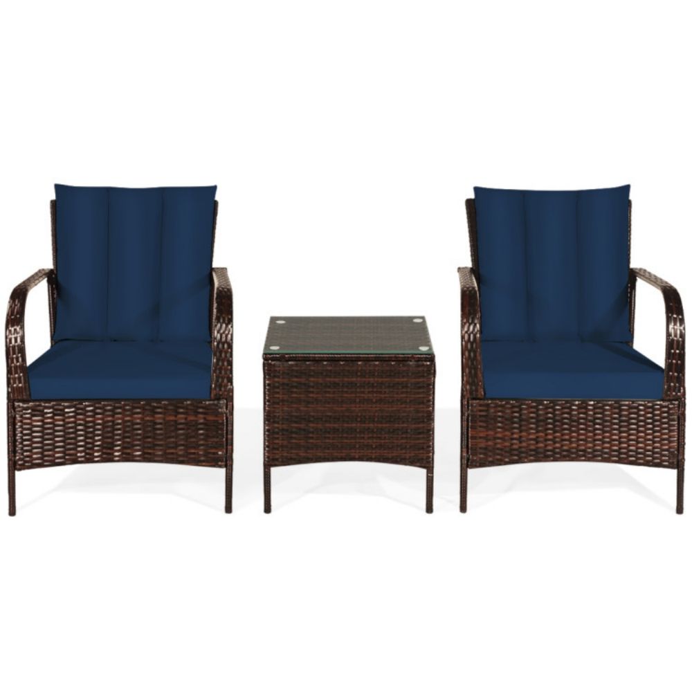 3-Pieces Outdoor Wicker Patio Conversation Furniture Set with Navy Cushion