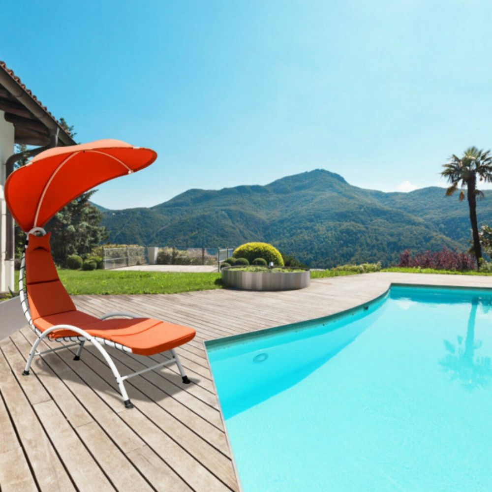 Metal Outdoor Canopy Chaise Lounge Chair with Orange Canopy and Cushion