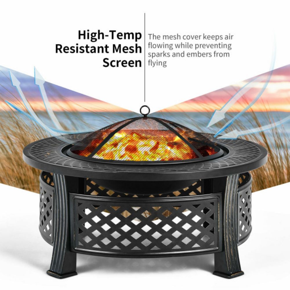 32 in. Outdoor Round Wood Burning Fire Pit with BBQ Grill and High-Temp Resistance