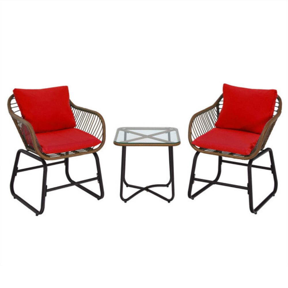 3-Piece Wicker Outdoor Bistro Bistro Set with Red Cushion and Glass Table
