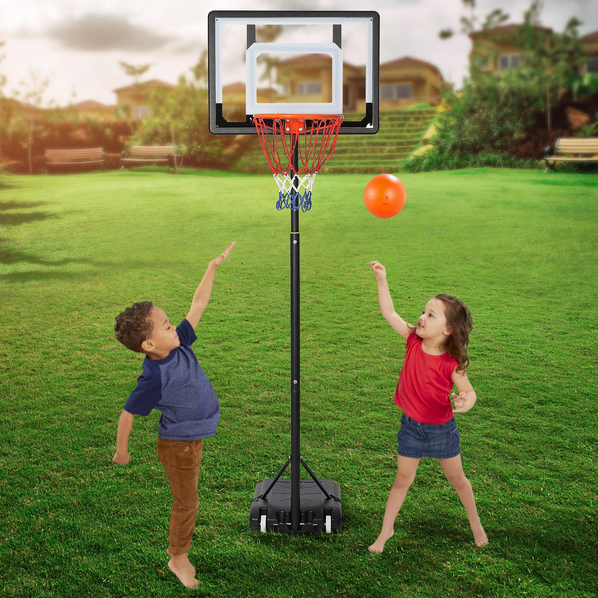 SUGIFT Portable Basketball Hoop for Kids and Family - Indoor Outdoor Basketball Goal System Height Adjustable 5.2ft to 7ft, 32in Backboard Basketball Stand with Wheels