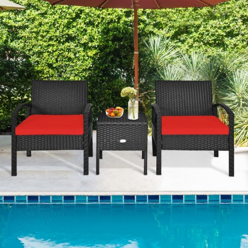 3-Piece Wicker Patio Conversation Set with Red Cushions