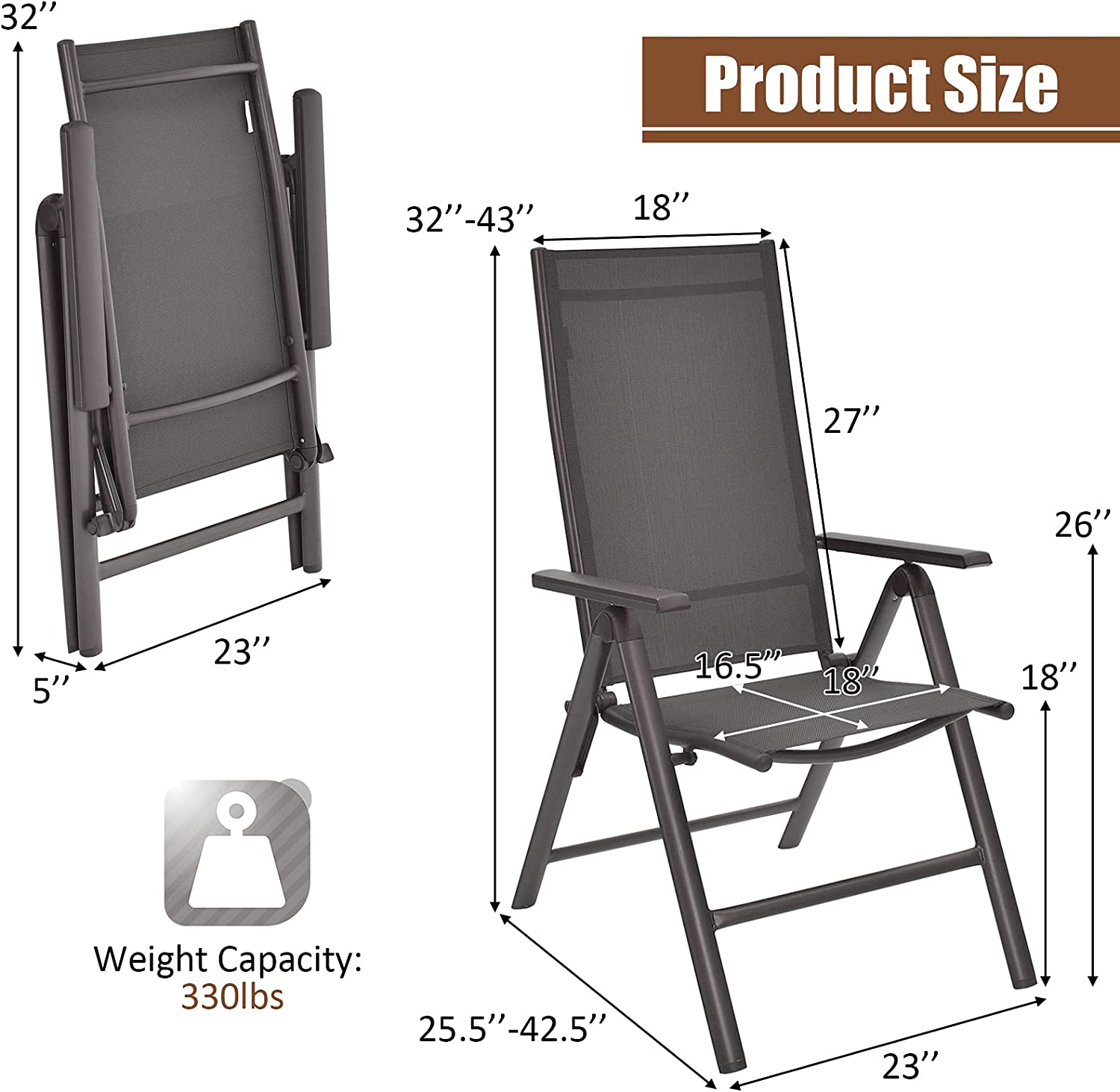 2-Piece Outdoor Gray Patio Aluminium Folding Dining Chairs with Adjustable Back