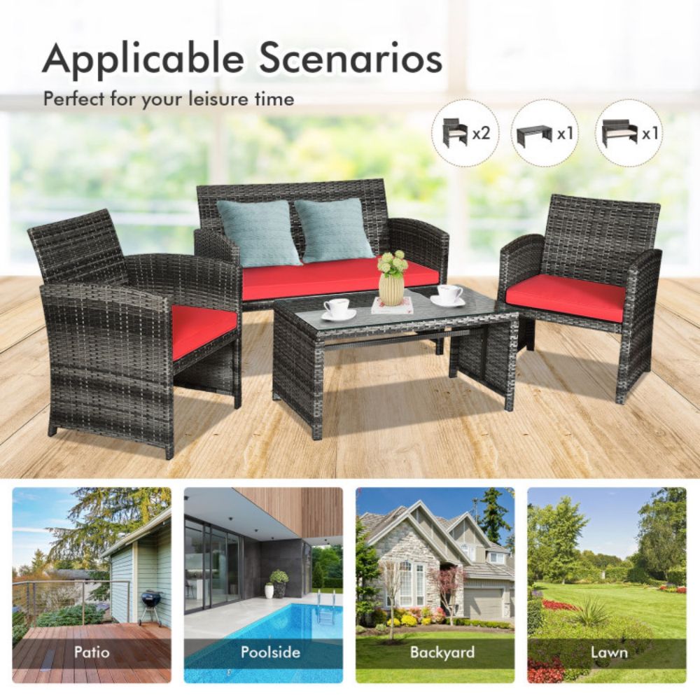 4-Piece Outdoor Wicker Conversation Furniture Set with Red Cushions and Tempered Glass Table