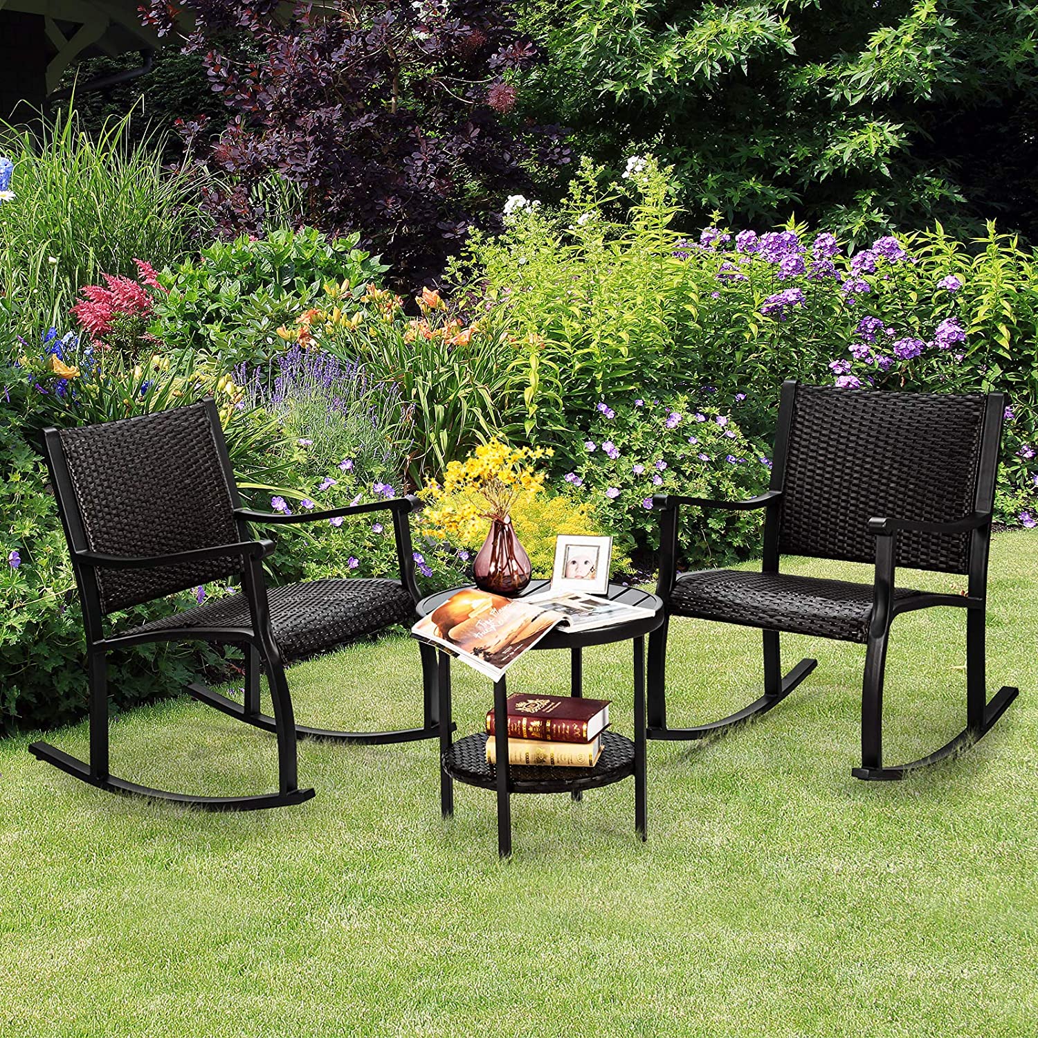3-Piece Furniture Wicker Patio Conversation Set with Coffee Table and Rocking Chairs