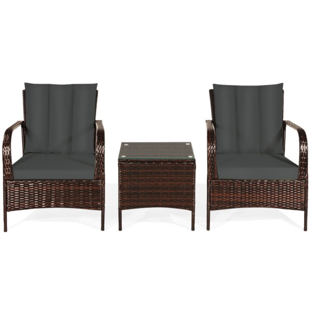 3-Pieces Outdoor Wicker Patio Conversation Furniture Set with Gray Cushion