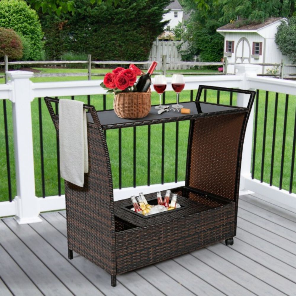 Outdoor Patio Wicker Rattan Bar Serving Cart with Glass Top and Handle