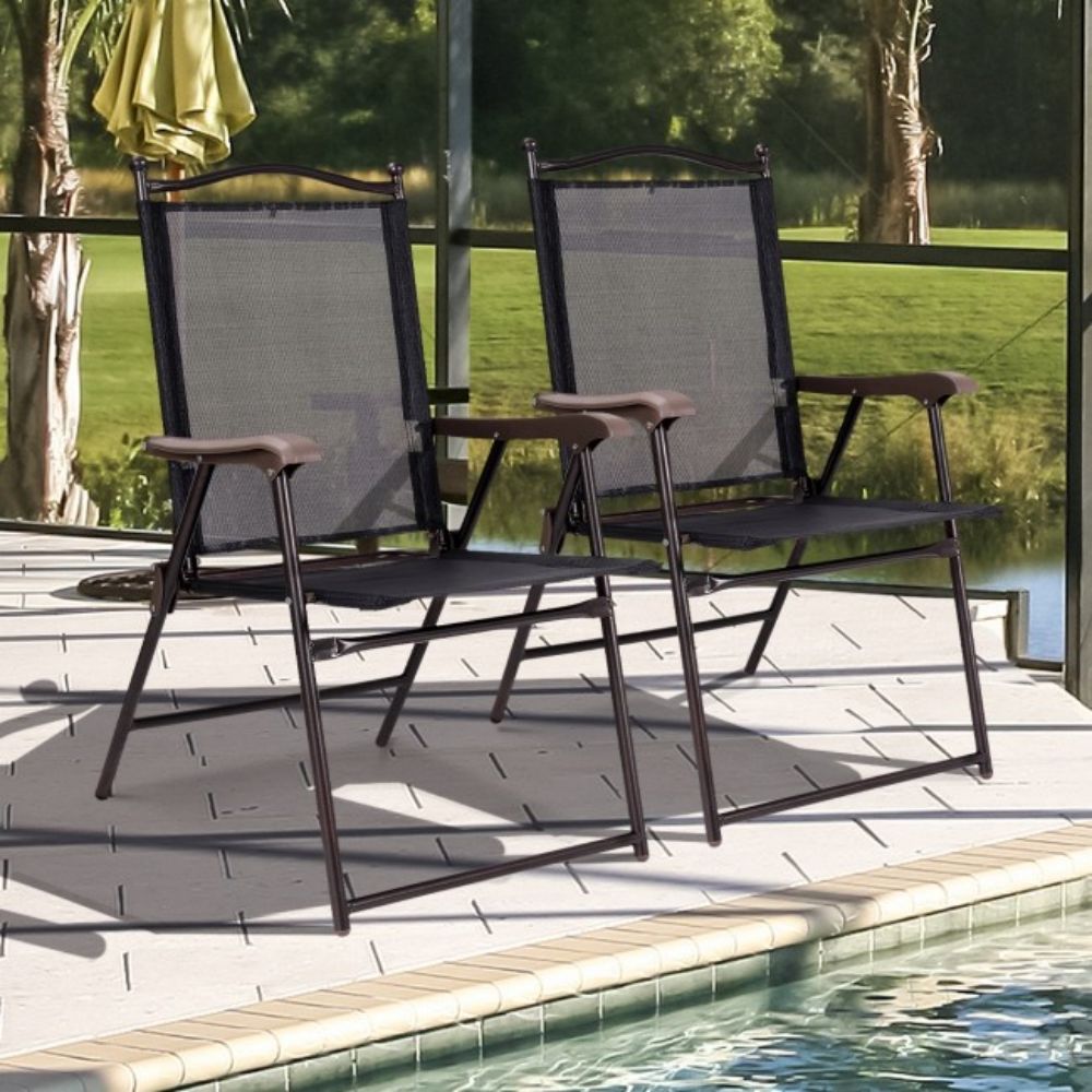 Black Steel Folding Sling Outdoor Dining Chair (Set of 2)
