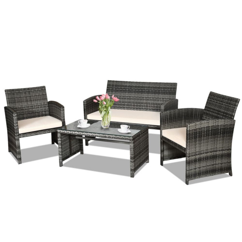 4-Piece Outdoor Wicker Conversation Furniture Set with White Cushions and Tempered Glass Table