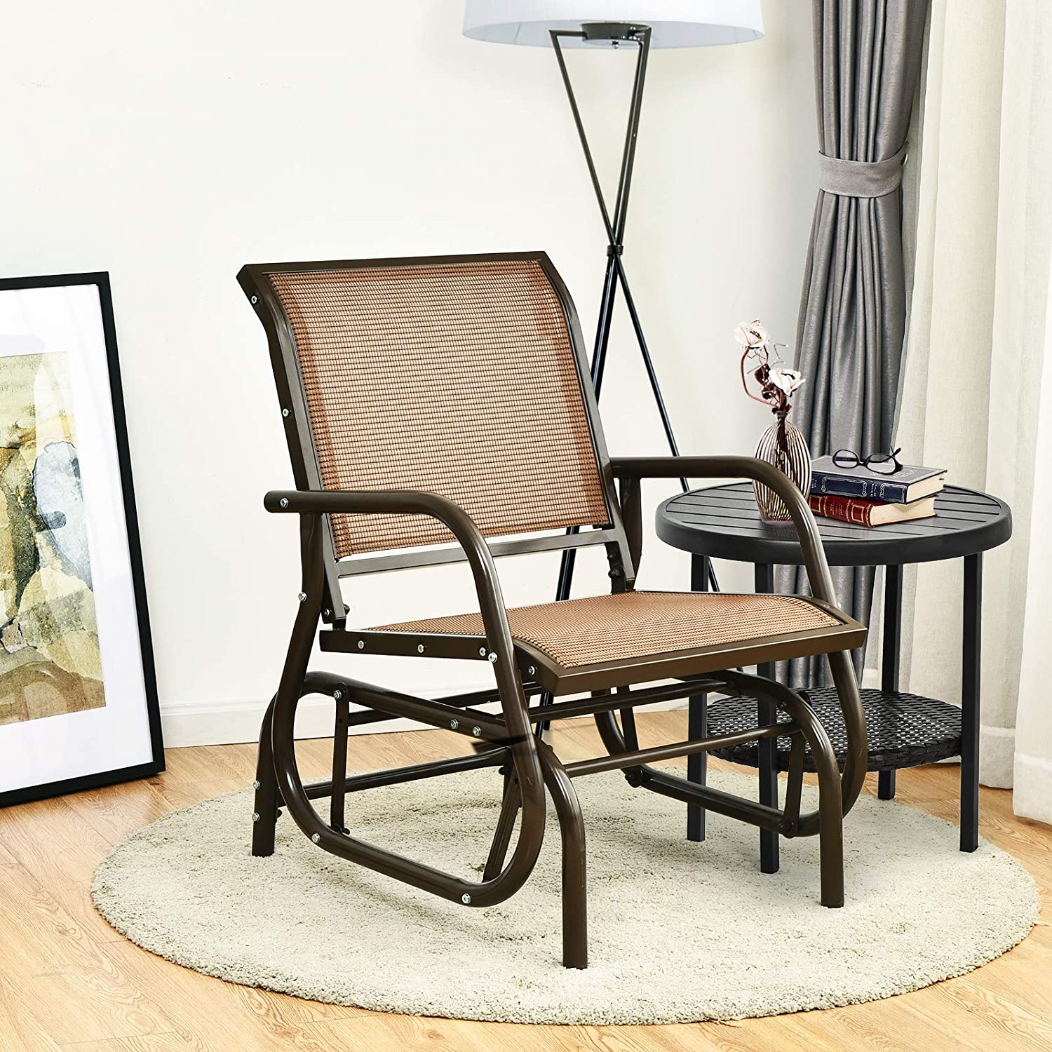 Brown Metal Steel Single Outdoor Swing Glider Rocking Chair with Armrest